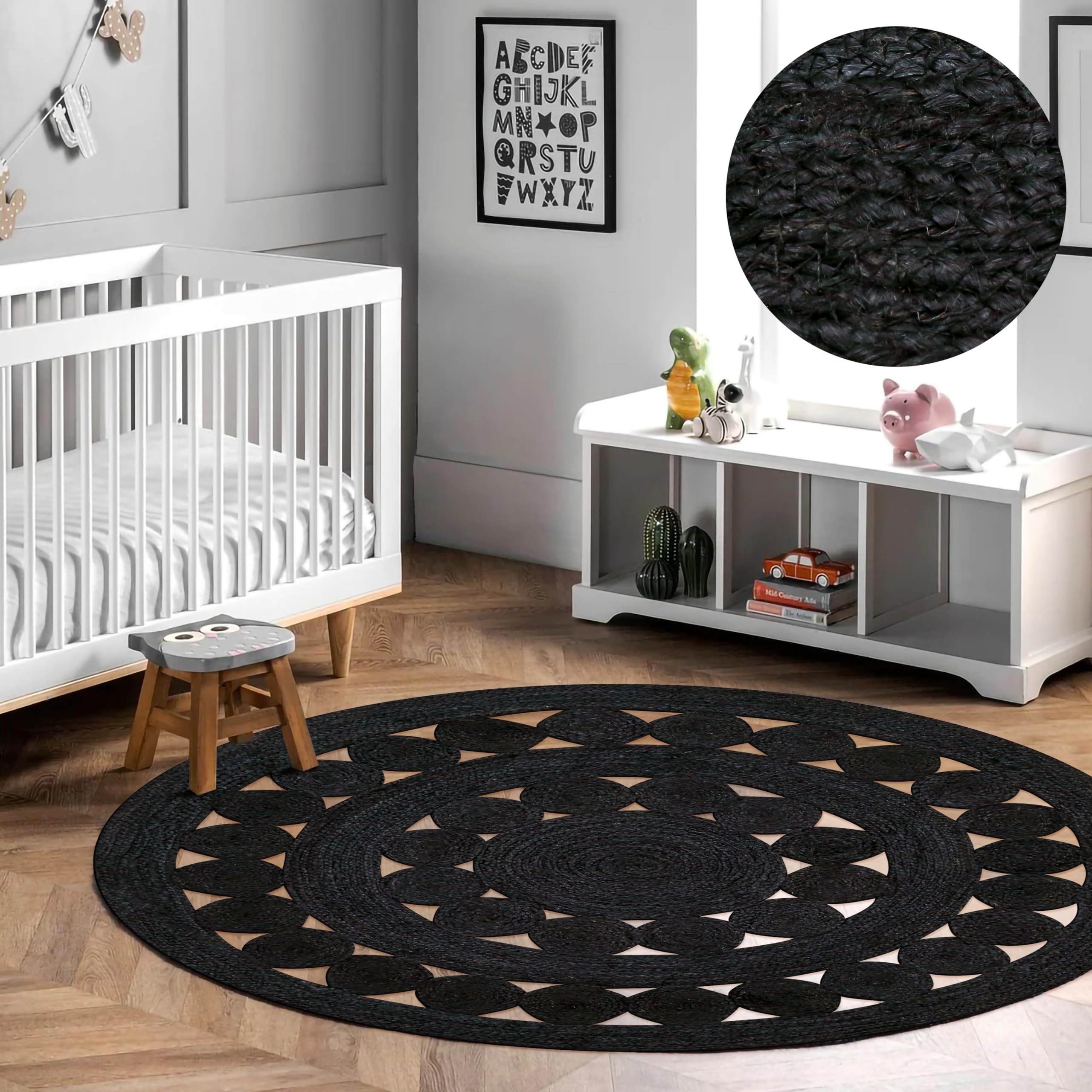 RIANGI Hand Woven Braided Jute Rug - 4' Round - Black Reversible Farmhouse Rugs for Living Room, Bedroom, Dining Room, Kitchen - Natural Decorative