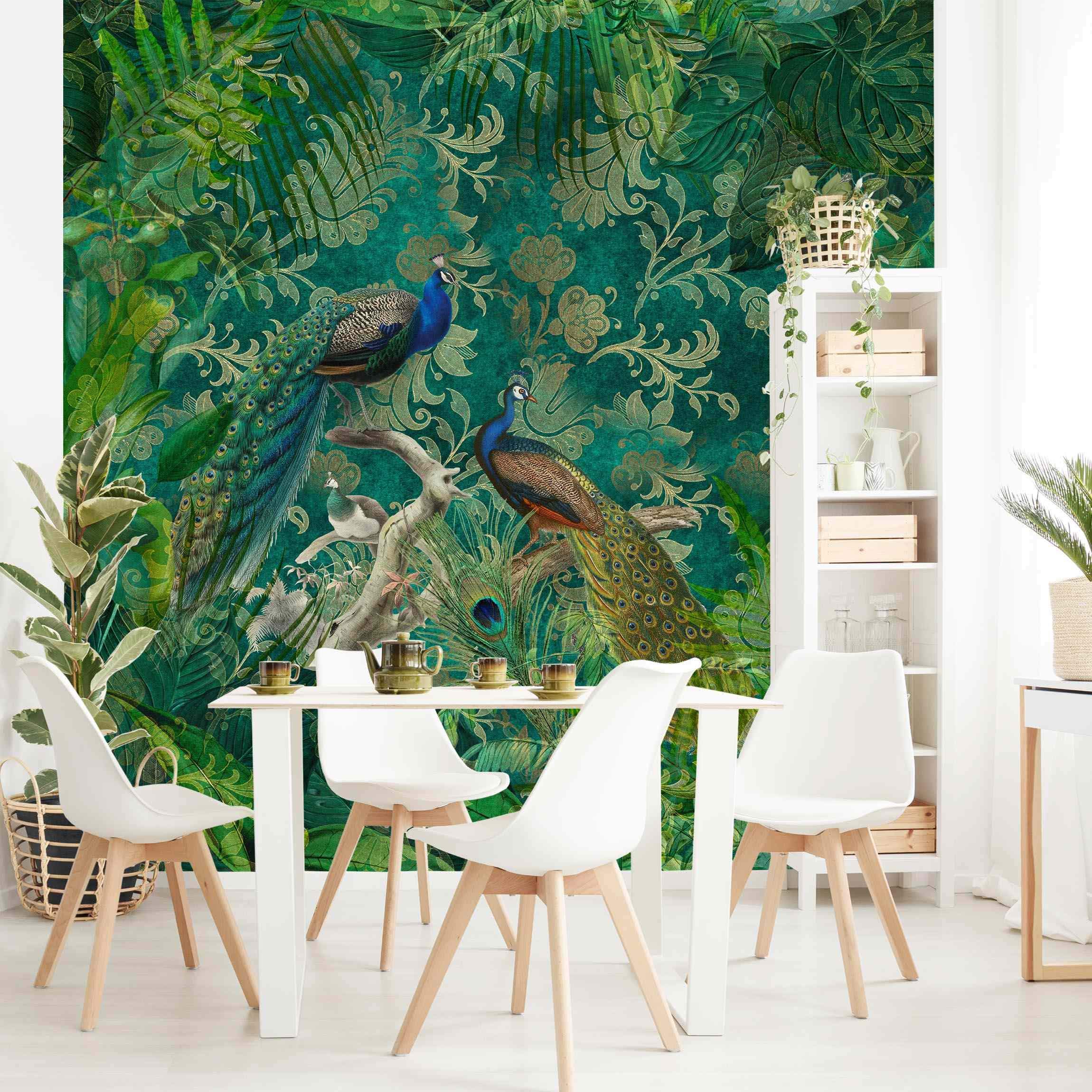 Fototapete Premium Shabby Chic Collage Edler Pfau II Wandtapete 240 x 240cm