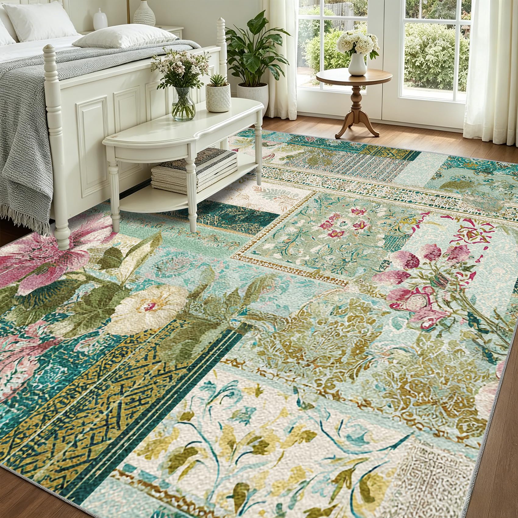 Générique Vert Sauge Tapis Patchwork Carré Salon 100x150 cm | Tapis Chambre Lavable Antidérapant Poil Court, Moquette Motif, Décoration Carpet