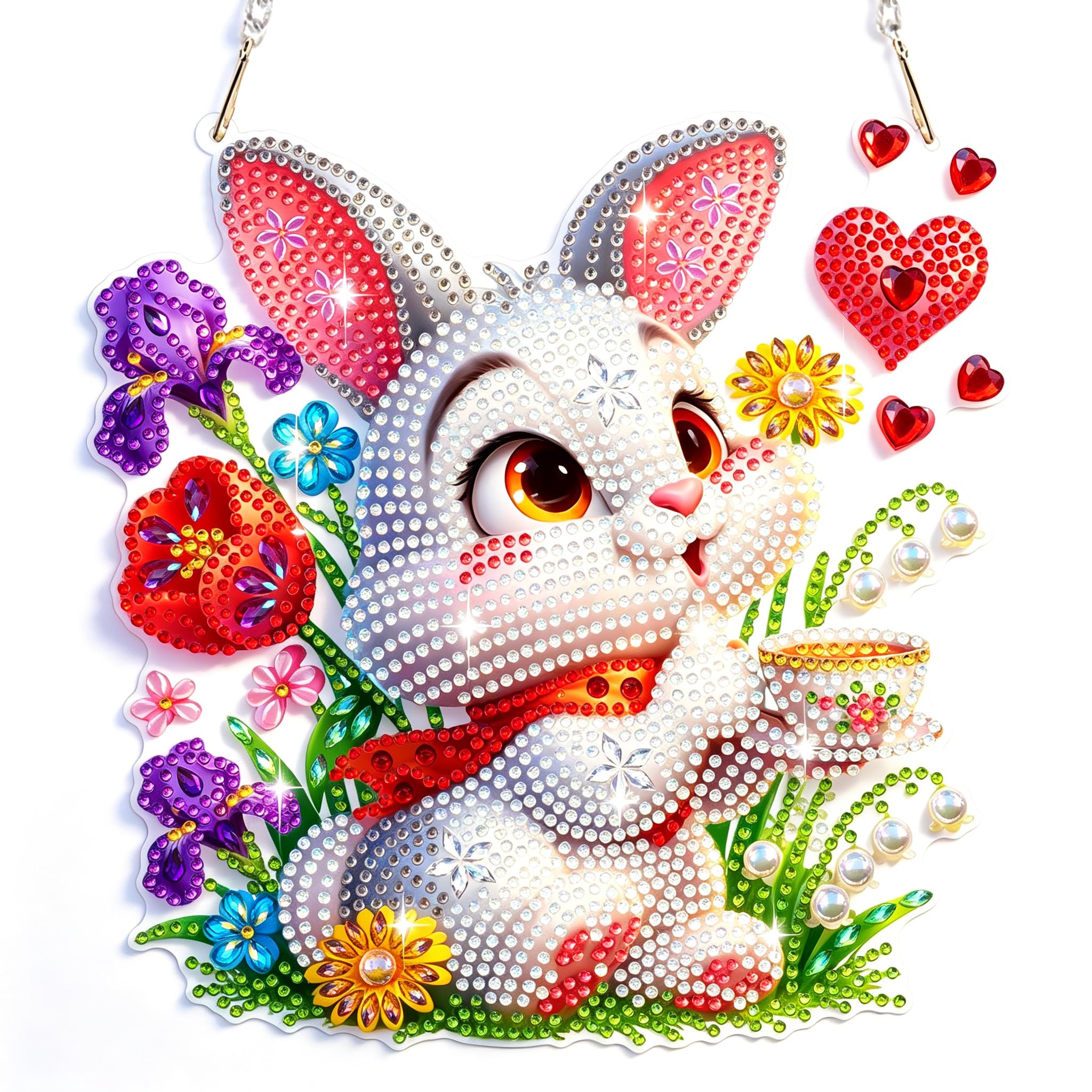Bowetile Diamond Painting Hanging Ornament with Chain, Rabbit Diamond Painting Pendant Kits for Adults Beginners Kids, Easter Flower Garden Diamond Crystal Gem Arts Crafts Kit Gift for Home Wall Decor — image 1