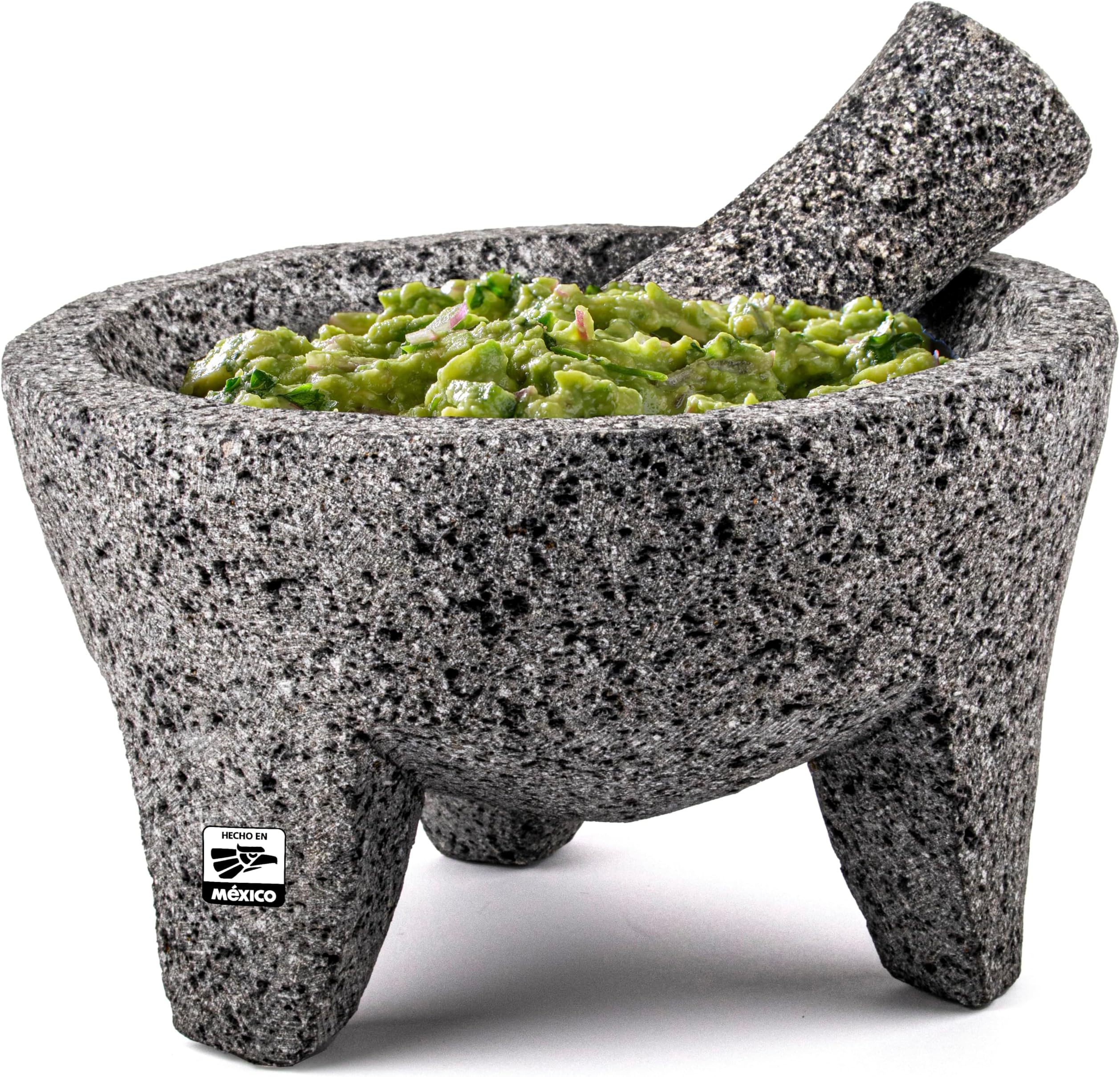 Genuine Handmade Mexican Mortar and Pestle, Molcajete de Piedra Natural Volcanica Stone, Heavy & Durable, Perfect for Homemade Salsas, Guacamole, and other Molcajete Plates | Made in Mexico (8 Inches)