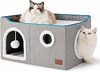Bedsure Extra Wide Cat House Bed for Indoor Cats - 23.6x16.9x13in Cube with Tunnel, Scratching Pad, Fluffy Balls, Foldable Grey Pet Cave for Multiple Cats