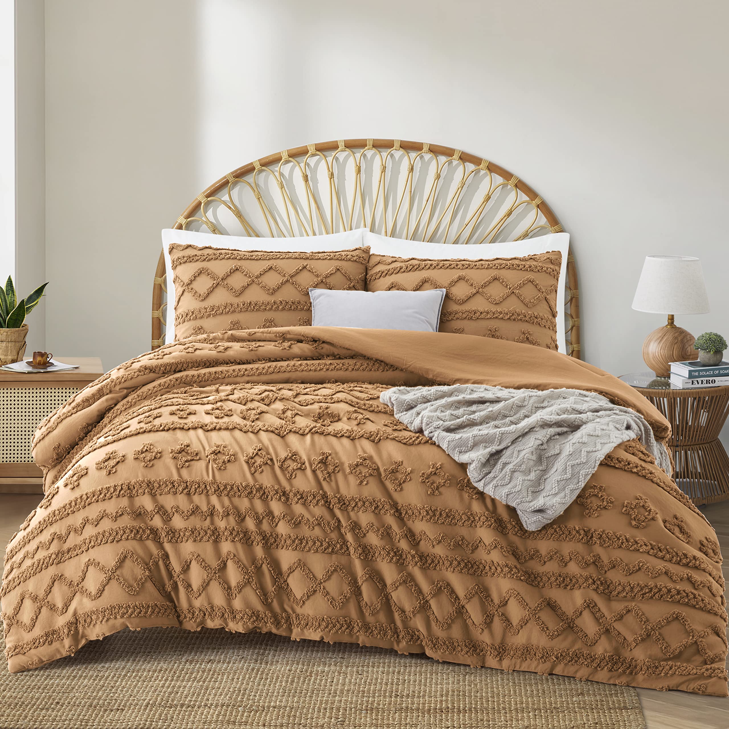 Oli Anderson Pumpkin Brown King Comforter Set Tufted Bedding Set King 3 Pieces, Boho Shabby Chic Comforter with 2 Pillowcases (Pumpkin Brown,King)