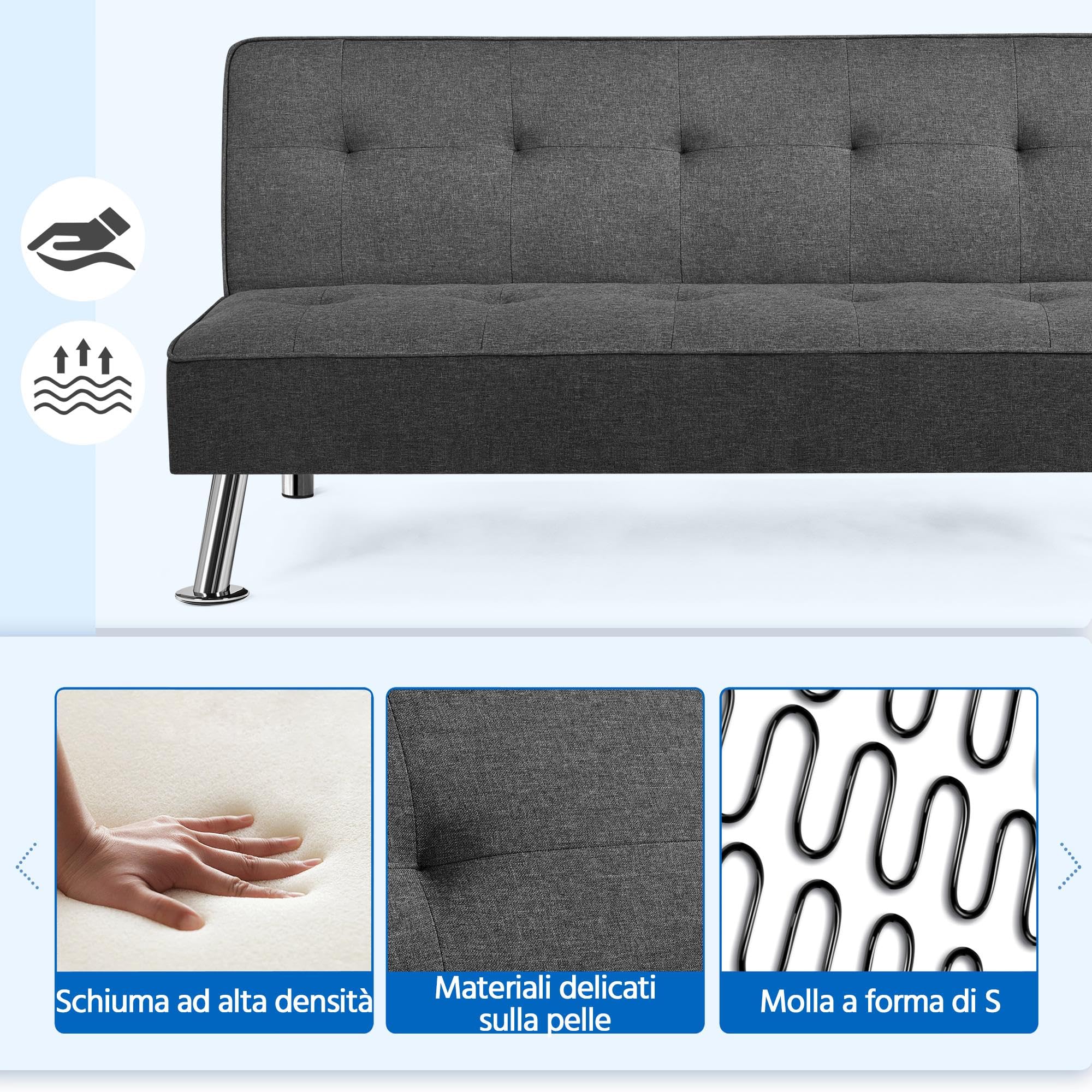 Yaheetech Divano Letto Divano Trasformabile in Letto Mobile Imbottito a 3 Posti Divanetto Reclinabile con Gambe in Metallo da Salotto Camera degli Ospiti Grigio Scuro