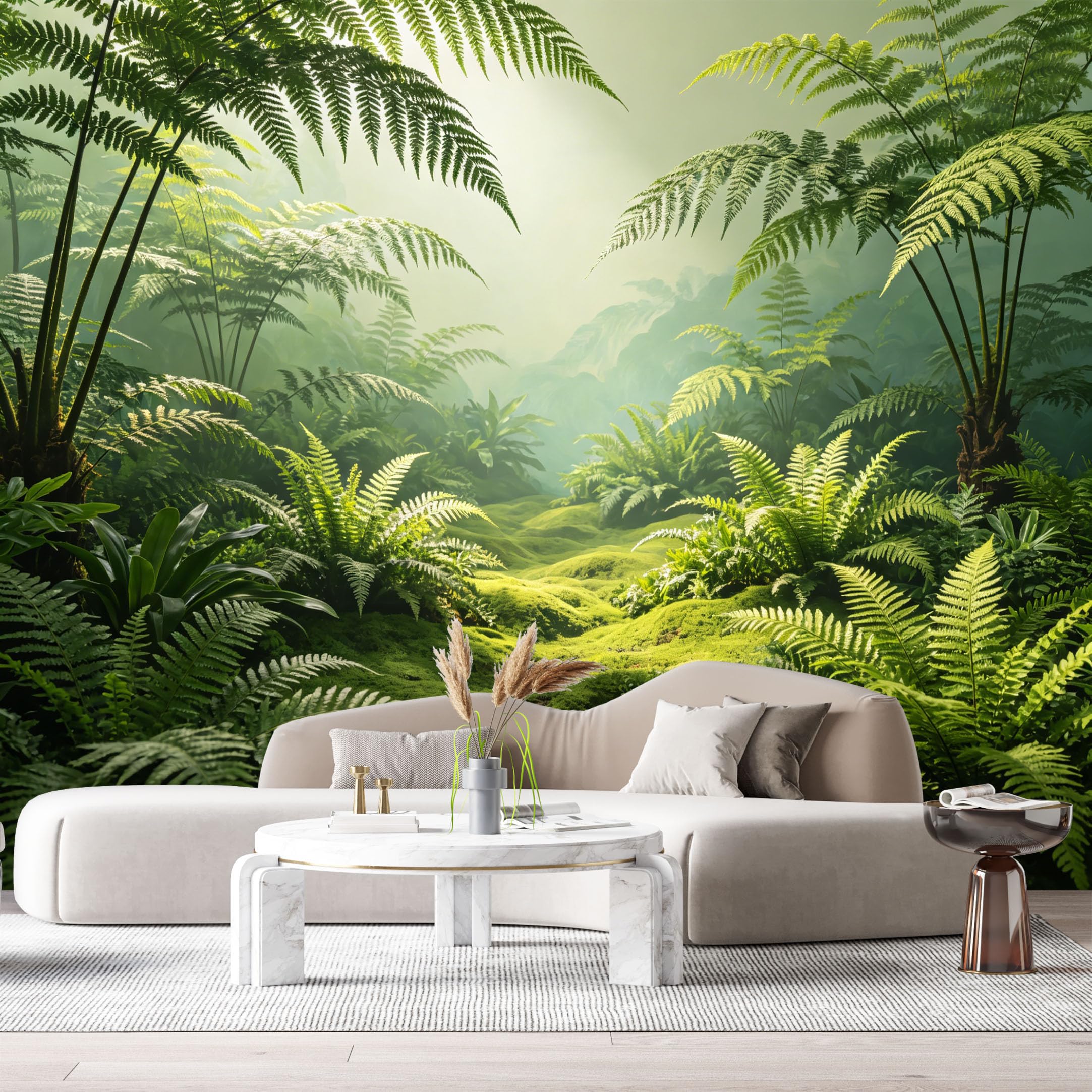Custom Size Wall Murals Lush Fern Forest Jungle Tropical Green Foliage Mist Sunlight SelfAdhesive Wall Fabric Removable Large Wallpaper for Photo Living Room