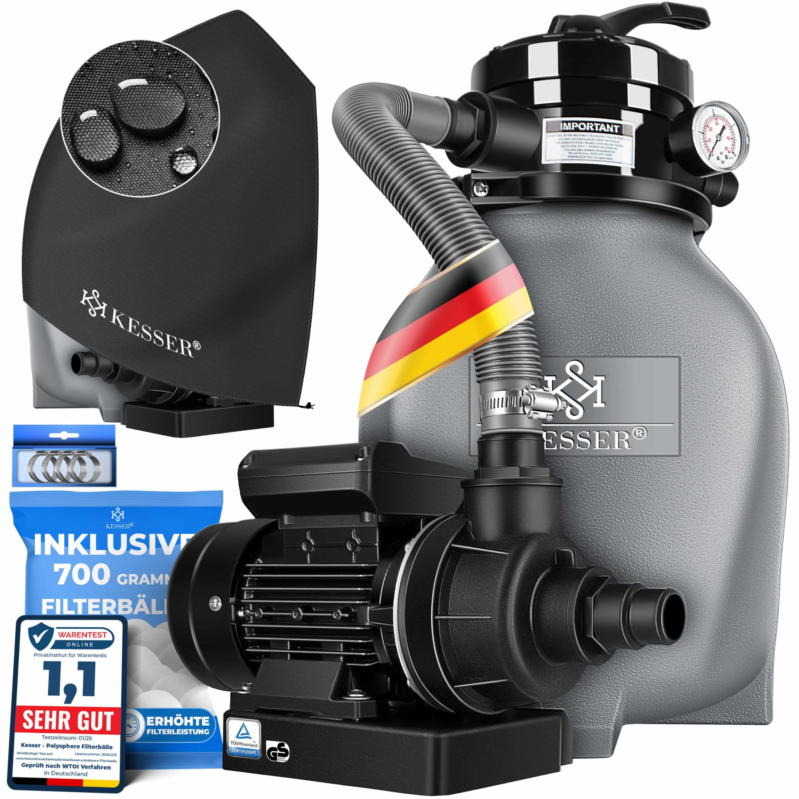 KESSER® Sandfilter Sandfilteranlage + 800g Filterbälle ersetzen 25kg Filtersand-Poolfilter 10 m³/h Filteranlage Filterkessel für Pool Schwimmbecken 4-Wege Ventil, einfache Steuerung, Inkl. Cover, Grau