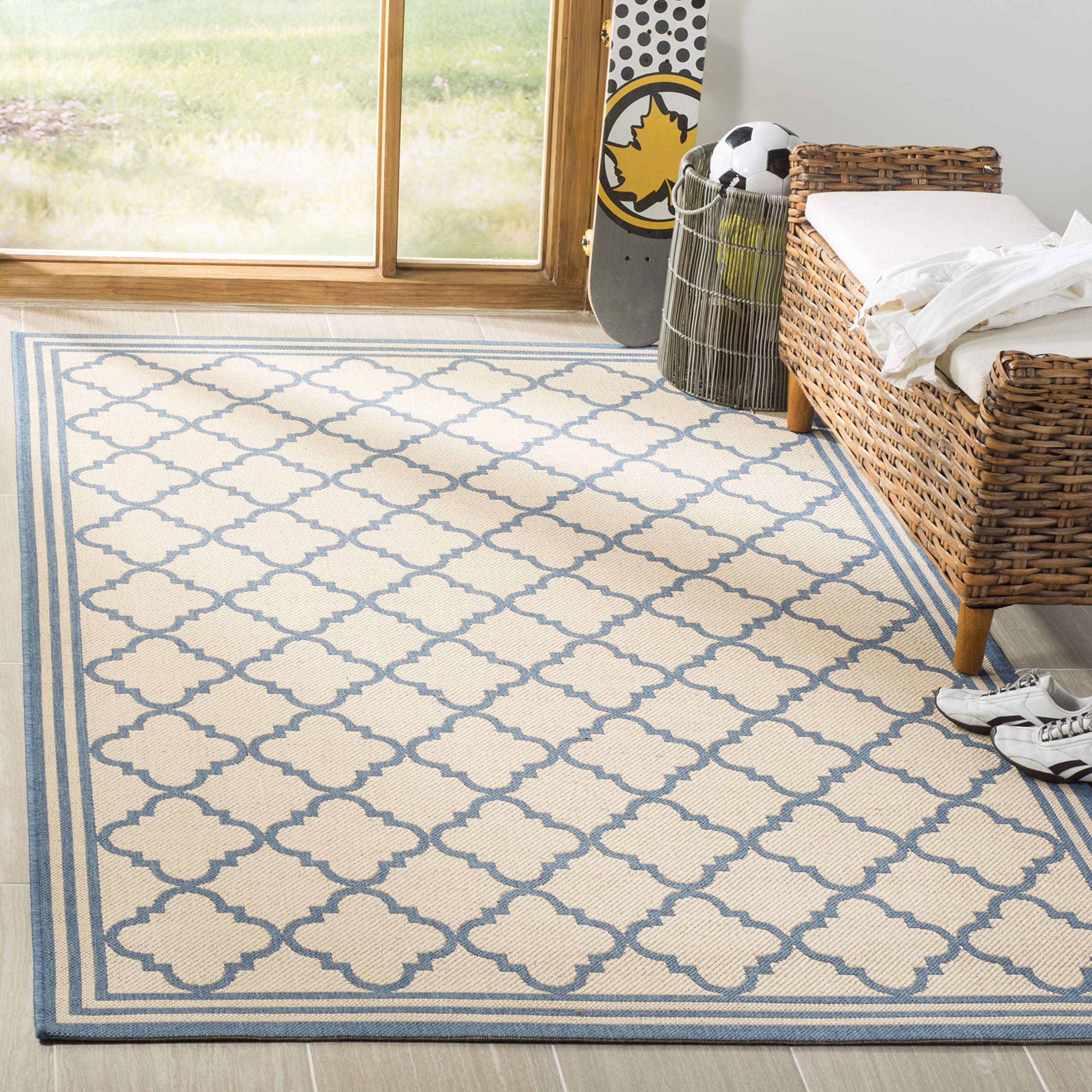 SAFAVIEH Washable Rug Outdoor Linden Collection - 9' x 12', Cream & Blue, Non-Shedding & Easy to Clean, Ideal for Patio, Backyard, Mudroom (LND121N)