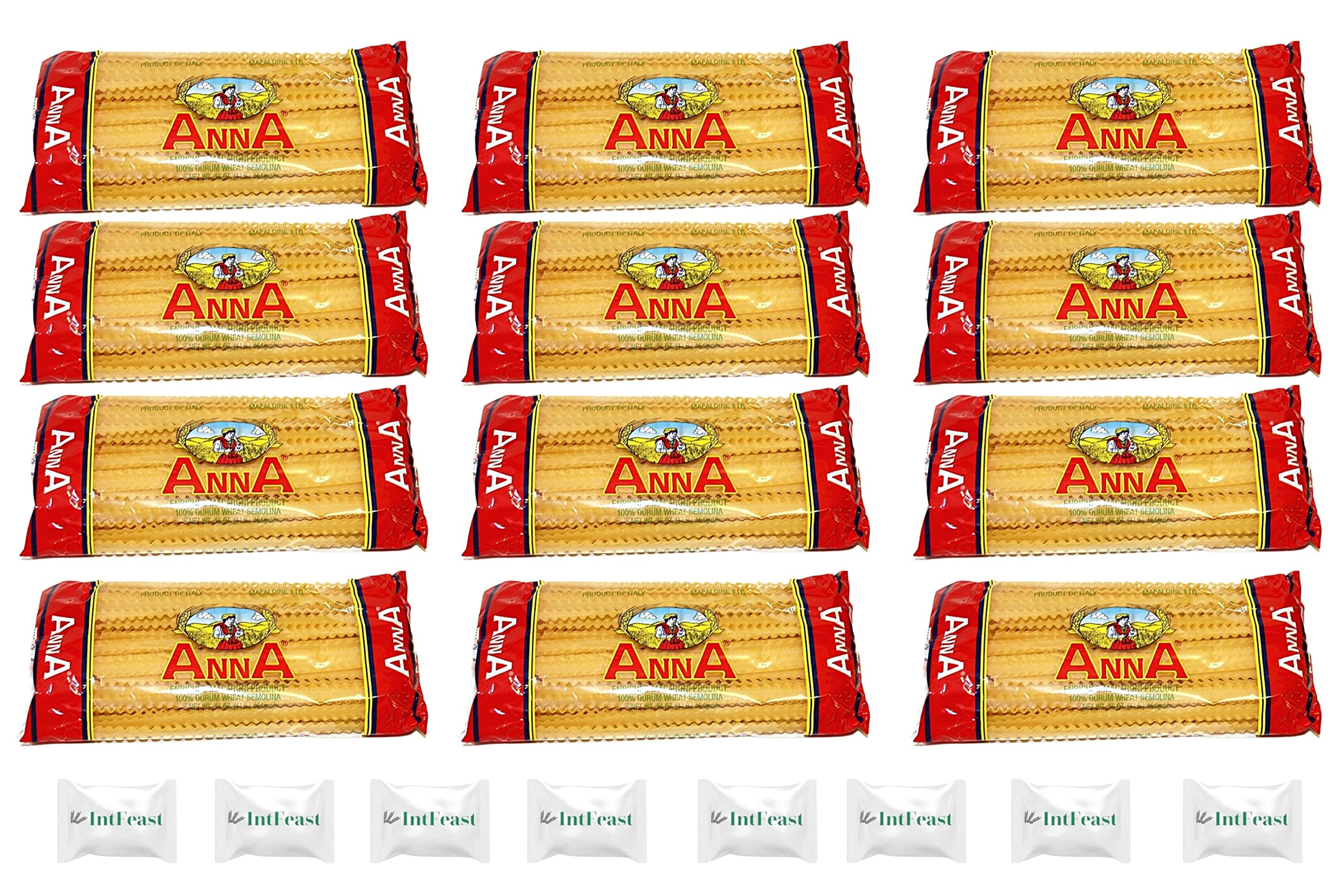 Anna Mafaldine Pasta Noodles/Mafalda Pasta Noodles No.16, 1 pound- Italian Pasta Noodles, Non-GMO, 100% Durum Wheat Semolina (Pack of 12) with 8 Pieces Intfeast Mints