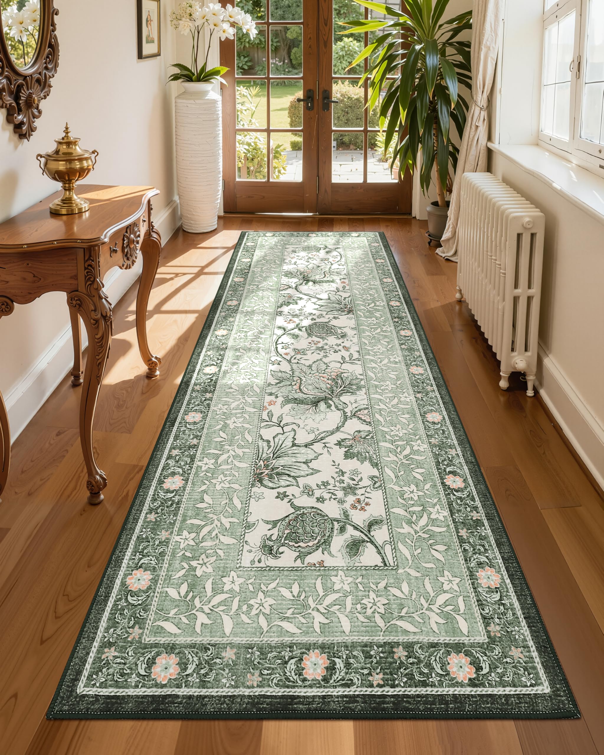GarveeHome Sage Green 2.5 x 8 Washable Kitchen Runner Rugs Non Slip Provence Vintage Boho Cottage Long Rug for Hallways Bedroom Entryway Bathroom Mat