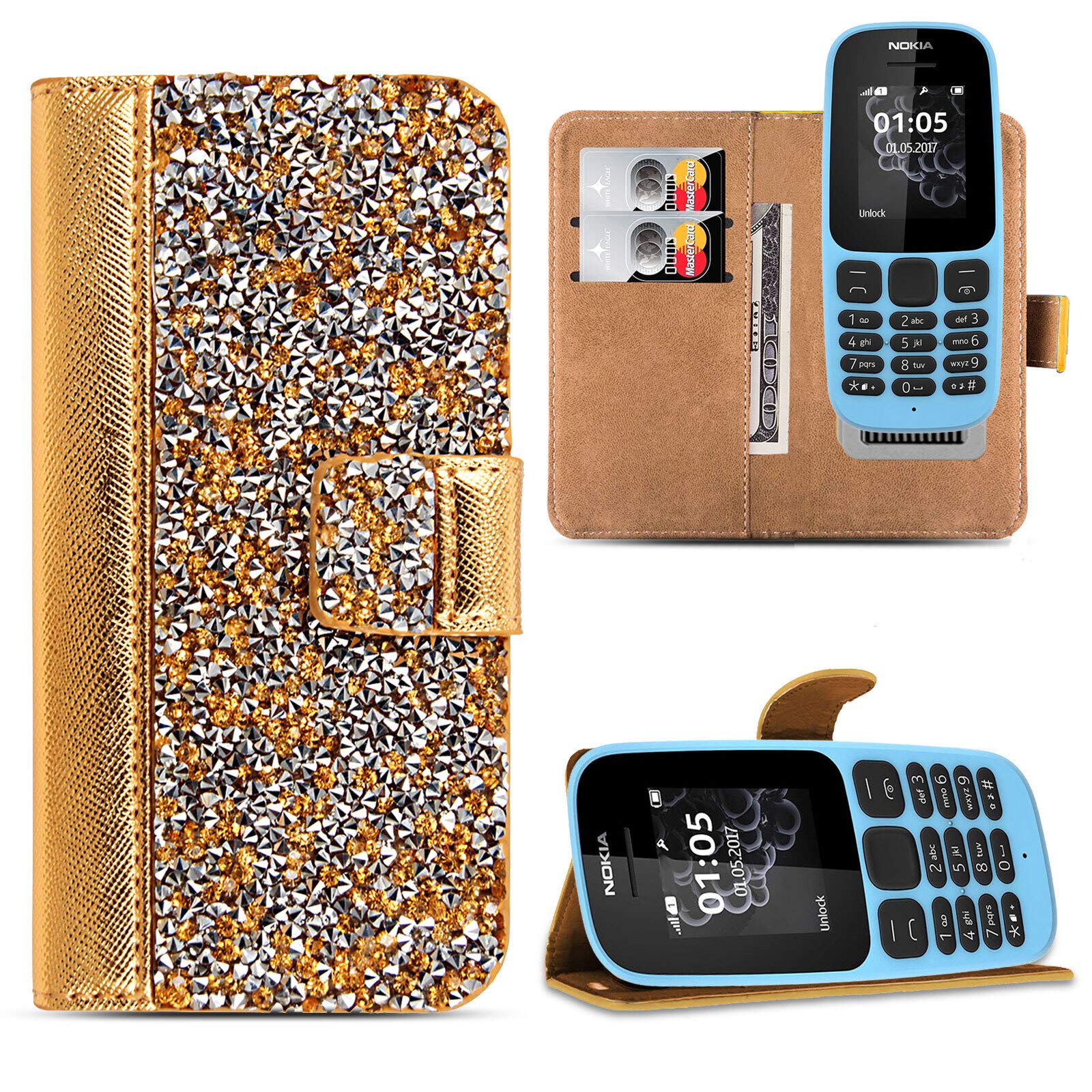 ProGadgetsLTD Nokia 105 2017 Case, Premium Leather Wallet Magnetic Closure Flip Case Cover Pouch For Nokia 105 (2017) Version (Gold.)