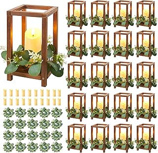 60 Pcs/20 Set Wooden Wedding Lantern Centerpiece,Wooden Centerpieces for Tables-with 20 Holders 20 Candles 20 Wreaths for Rustic Table Decoration Country Barn Wedding Party (Brown)