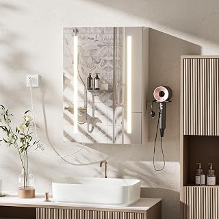 Spiegelschrank Bad mit Beleuchtung und Entnebelungs Funktion Badezimmer Spiegelschrank Hängendmit Steckdosen Fönhalter und 2 Einstellbar Einlegeböden für Badezimmer (50x15x70cm)