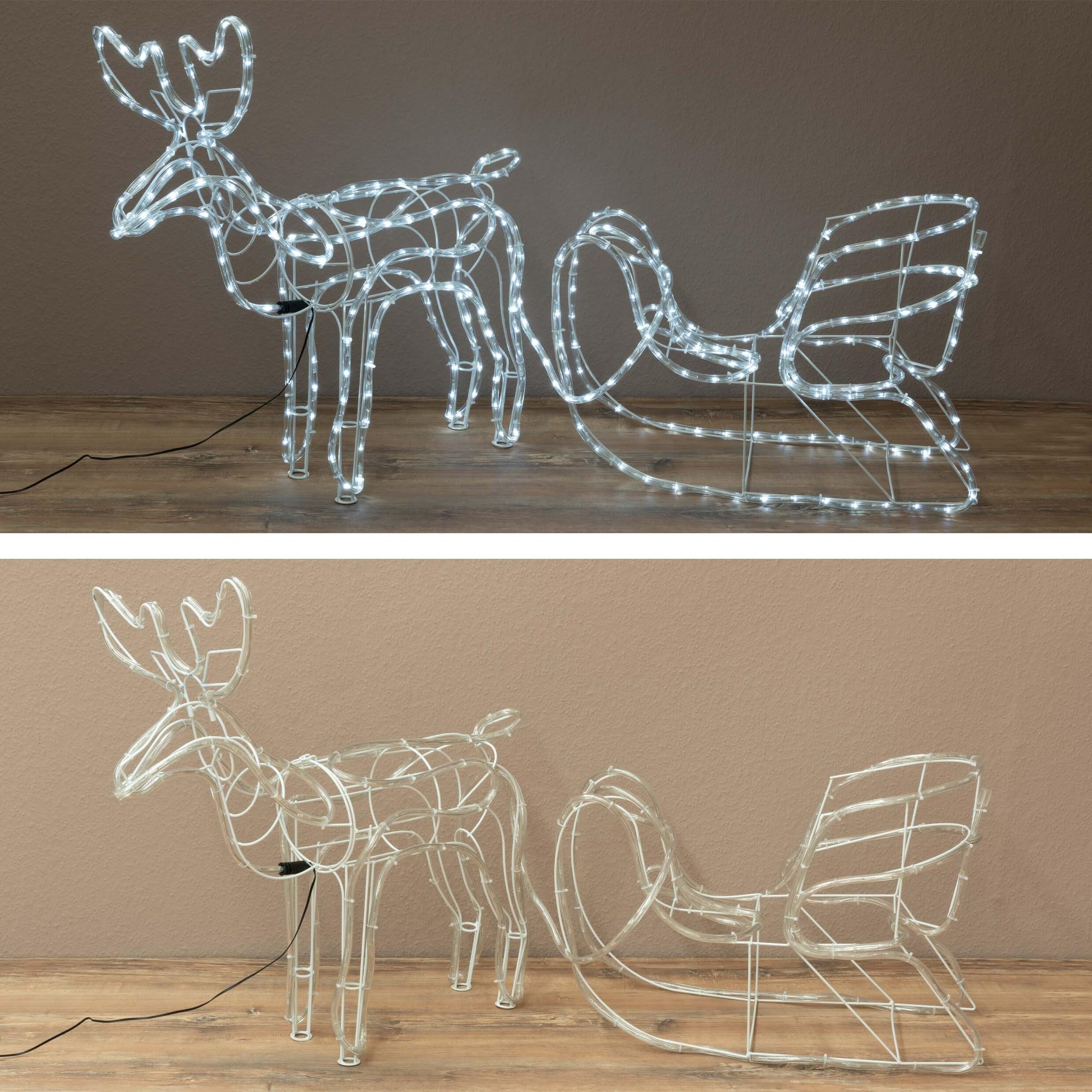 Rentier mit Schlitten aus 14 m Lichterschlauch 504 LED warmweiß kaltweiß mit 8 Funktionen Figur Weihnachtsbeleuchtung 140 cm Länge Leuchtfigur Xmas-Deko (kalt weiß)