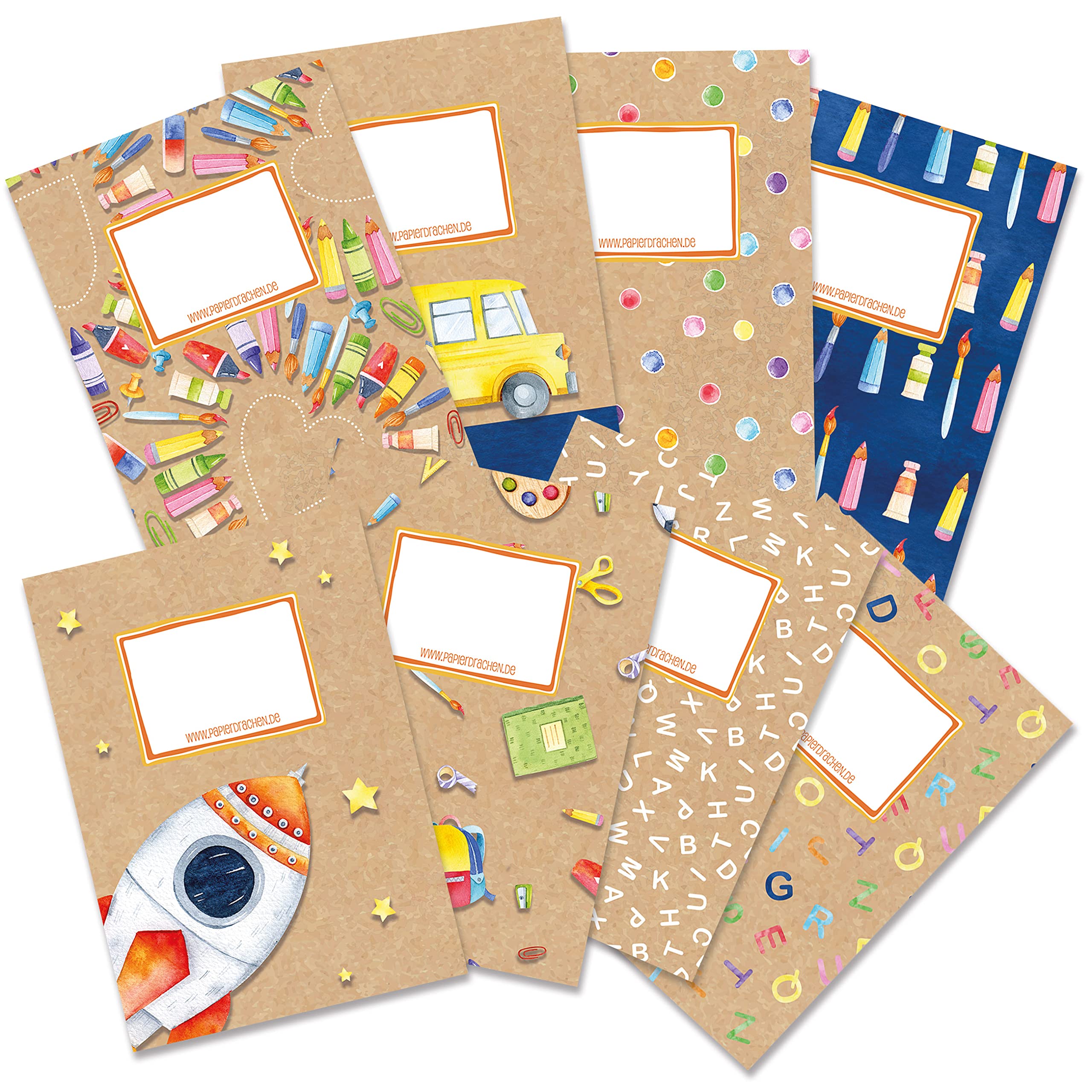 Papierdrachen 8 hochwertige Heftumschläge aus Papier für Kinder | DIN A5| Motiv Aquarell - Heftschoner ideal für die Schule - Heftumschlag 250g/m² - Set Nummer 12