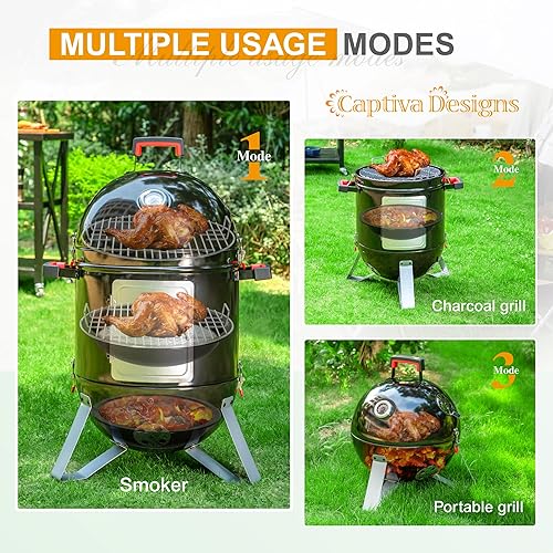 Miniatura 3 de Captiva Designs Parrilla de carbón vertical de 18 pulgadas con cámara de ahumado esmaltada de porcelana, ahumador de montaña de madera para carne,