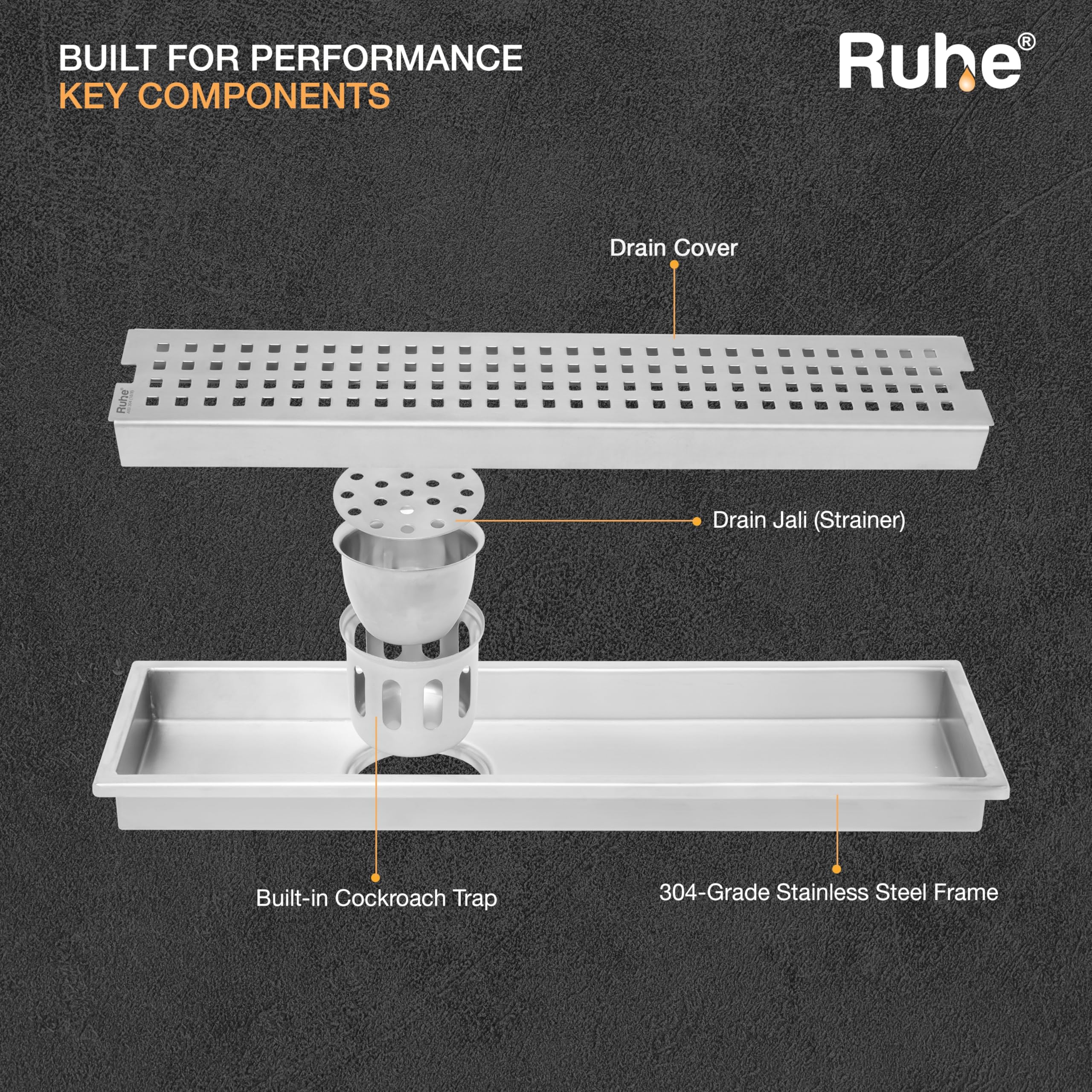Ruhe® Palo Shower Drain Channel | 18 × 4 Inches | 304 Stainless Steel Shower Water Drain Channel | Floor Drain with Cockroach Trap, Side Hole and Collar 3