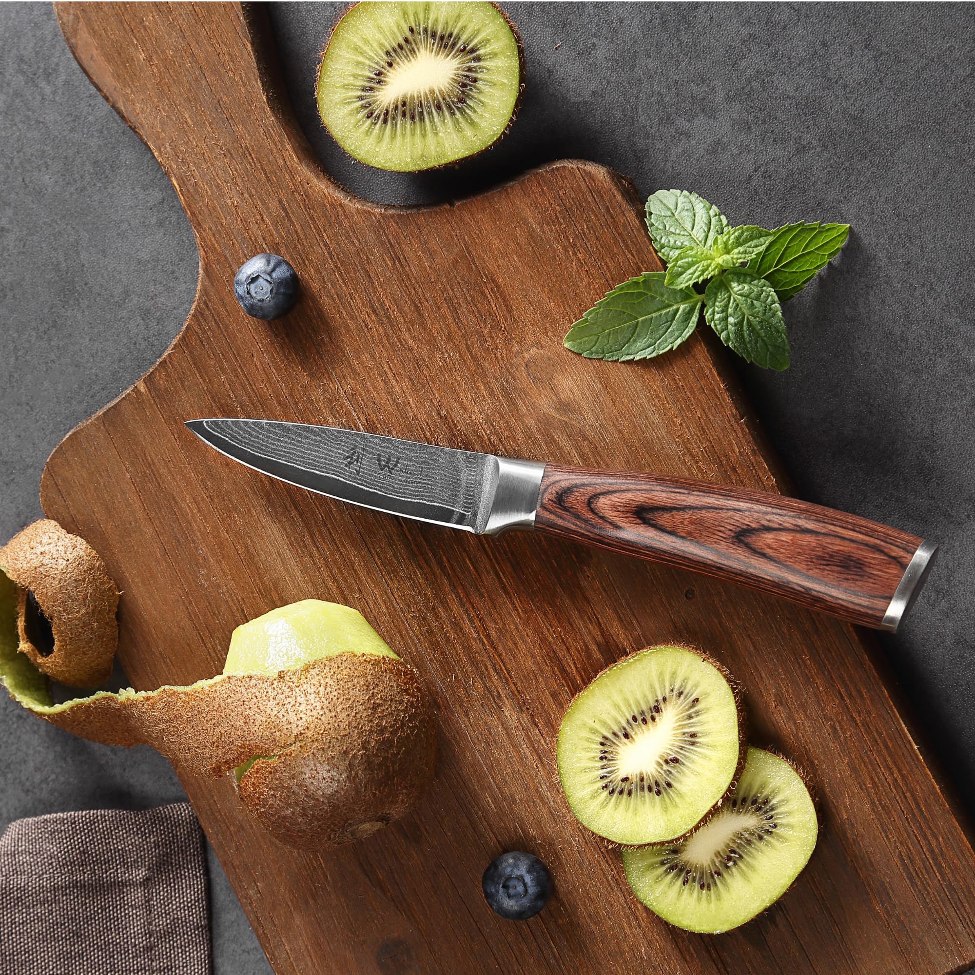WAKOLI Edib Couteau d'office en Damas I Lame tranchante de 8,5 cm en acier damassé à 67 couches avec noyau VG10 et manche en bois de pakka I Couteau de cuisine professionnel & couteau damassé