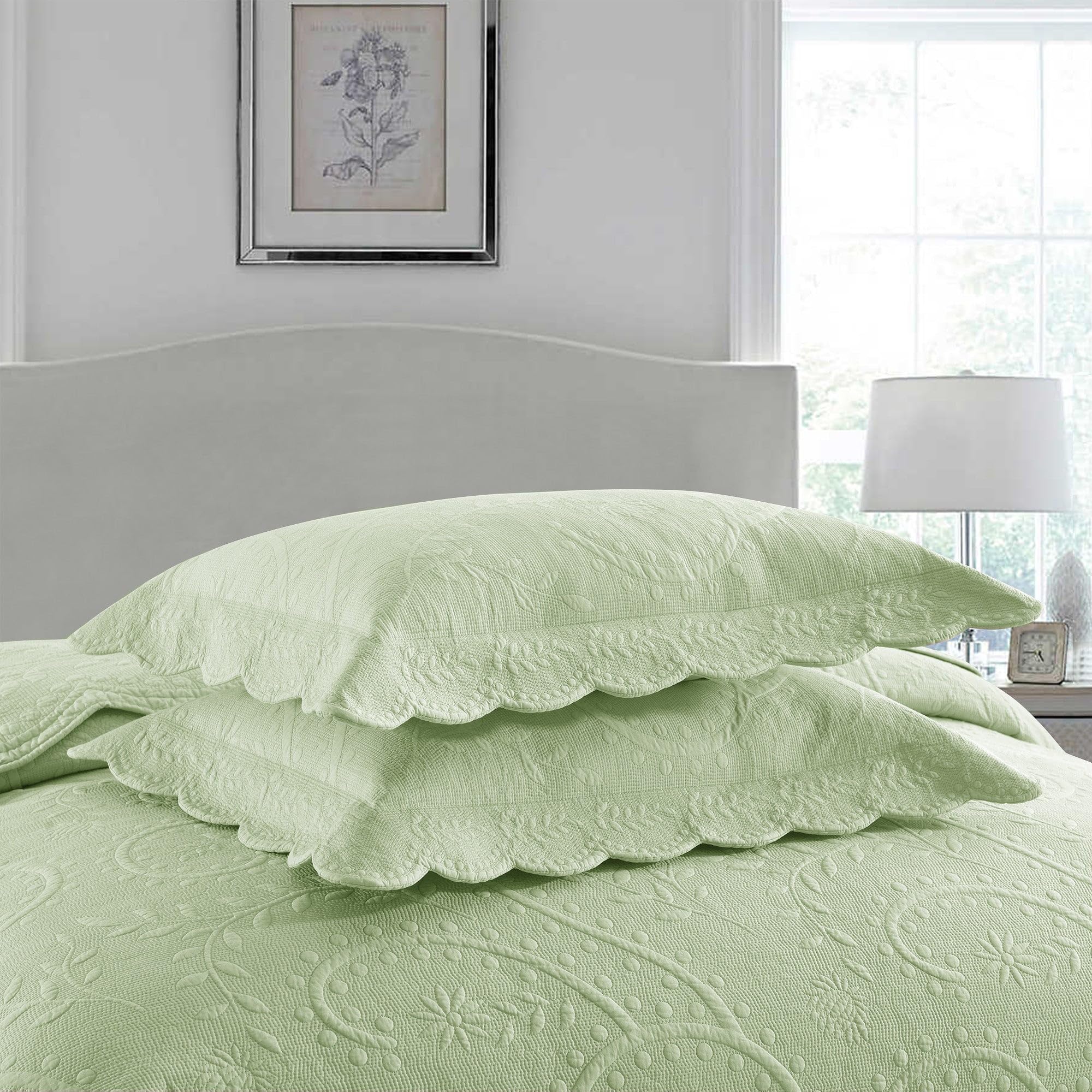 MarCielo 3-Piece Elegantly Embroidered 100% Cotton Oversized Quilt Bedspread Set TX Pale Green - King