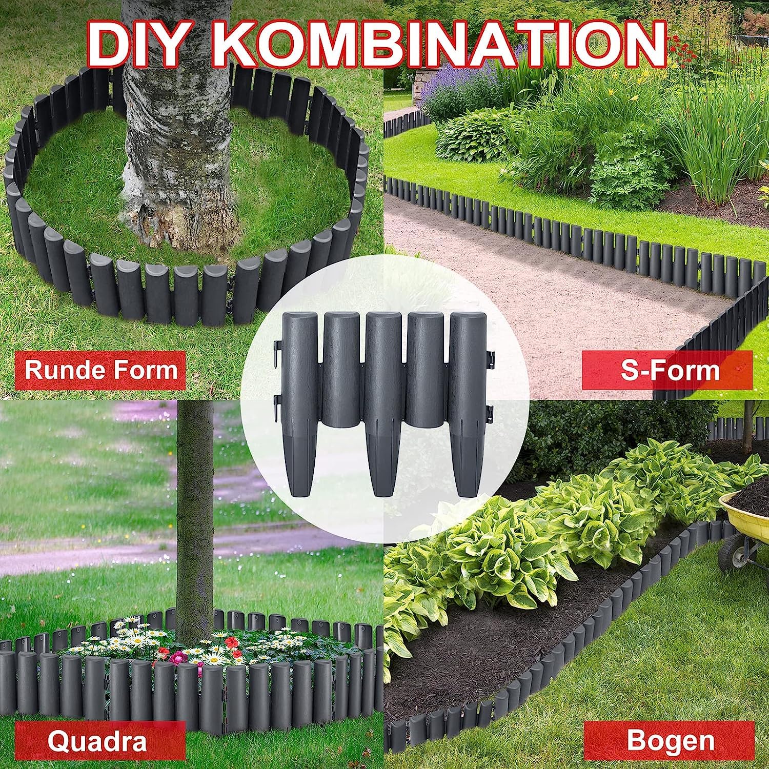 NAIZY Bordo per prato in plastica con effetto legno, palizzata da giardino, recinzione per aiuole, bordo per prato, pietra da bordo, pietra antracite (LxH): 28 cm x 24 cm - 50 pezzi 14M