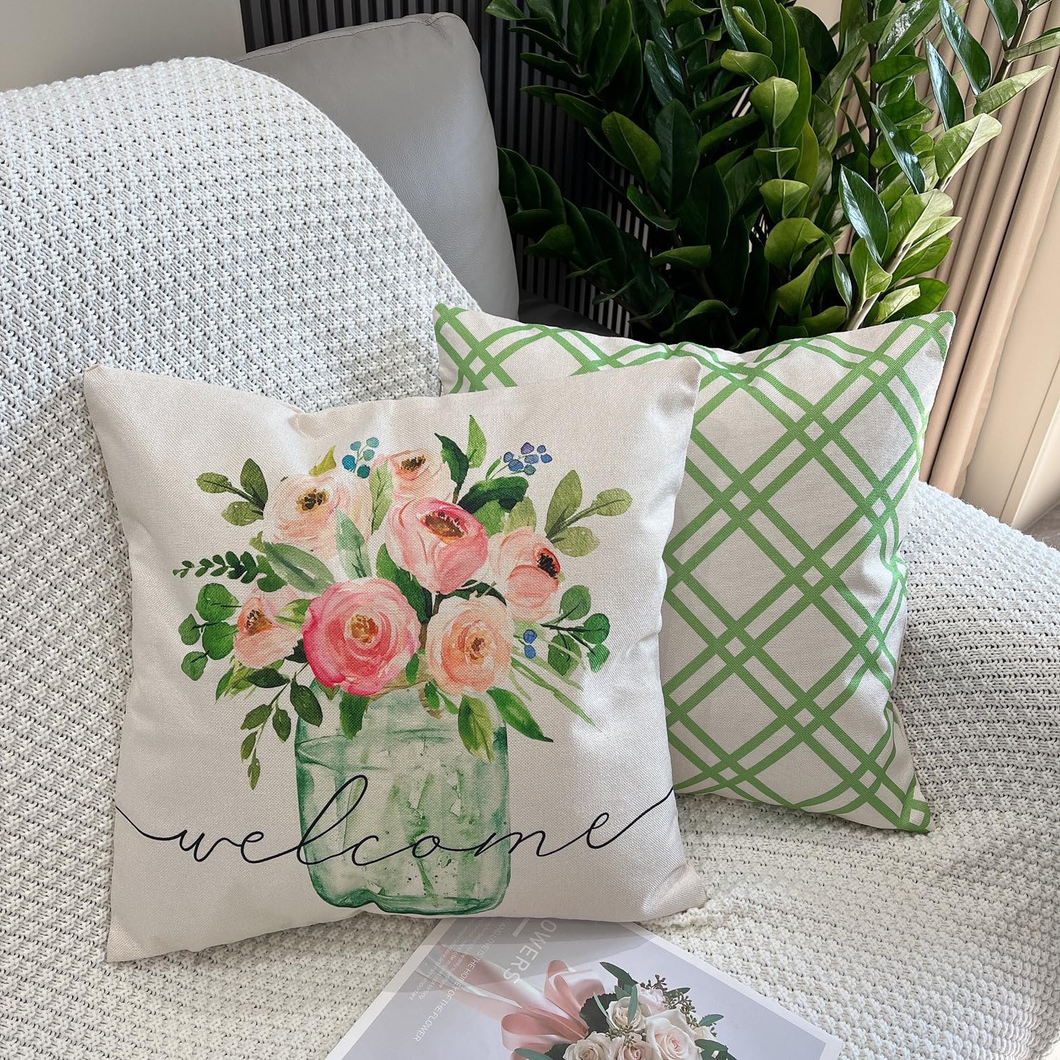 GYISANA Cushion Covers 45cm x 45cm,Set of 4 Hello Spring Decorative Throw Pillow Covers Spring Flower Linen Square Pillow Cases 18x18 Inch for Sofa Living Room Bed Couch Car Home Decor - Image 3