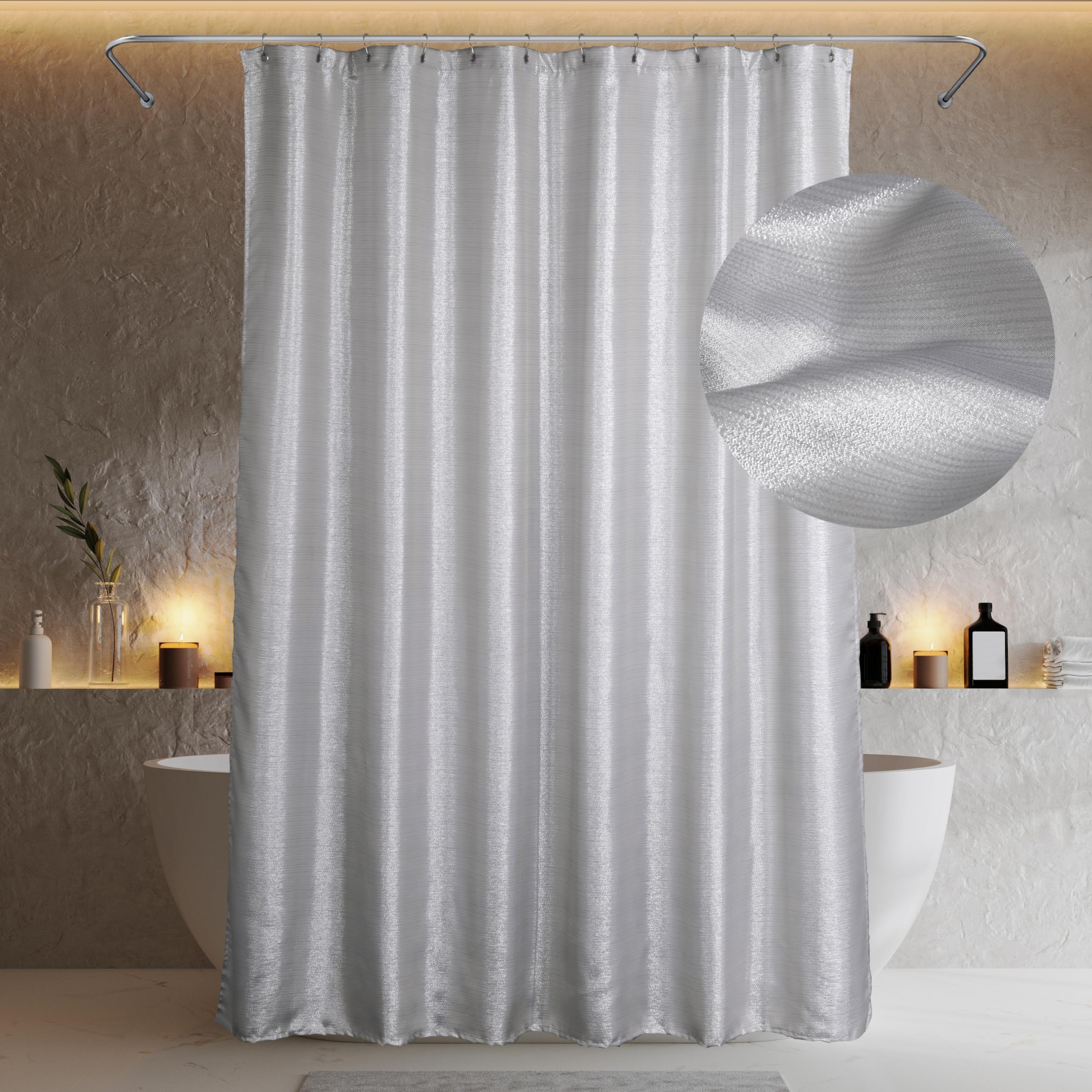 PopKozzi Glitzer-Duschvorhang – Silberweiß, Wasserabweisend, 200x183 Cm, Luxuriöses Glamour-Design Fürs Badezimmer