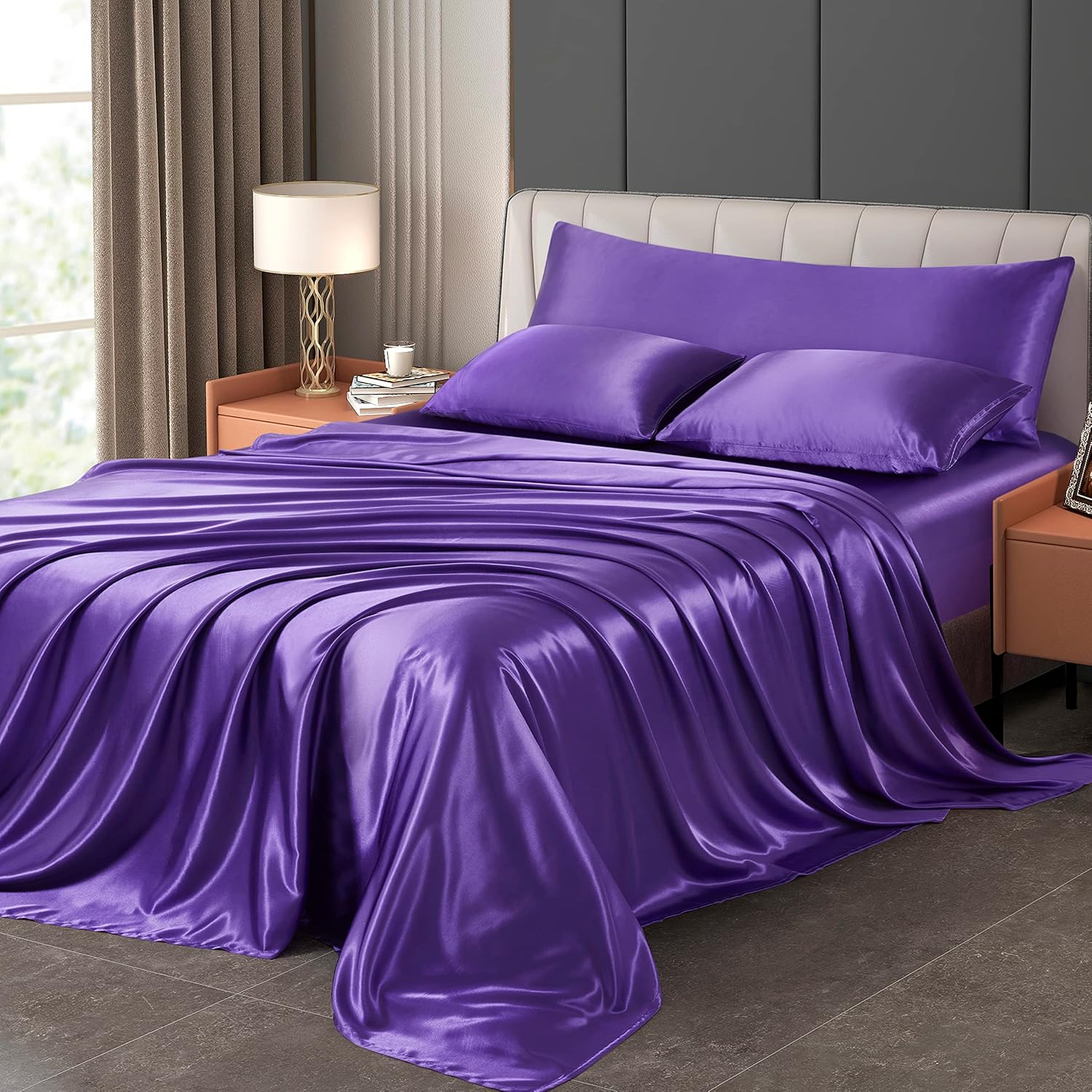 DengChao 5PCS King Size Satin Sheets Set Silky Sheets