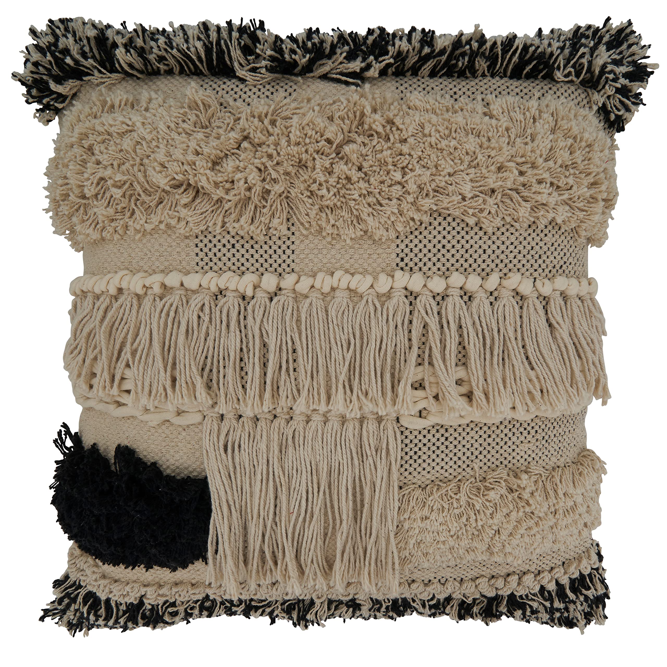 SARO LIFESTYLE Neith Collection Fringe Tufted Throw Pillow with Down Filling, 20", Black/White