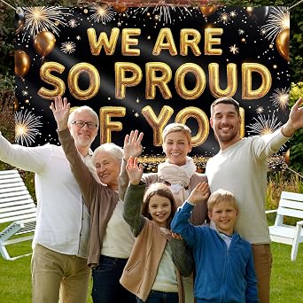 We Are So Proud Of You Banner 5ft x 3ft Black and Gold Congratulations Decorations Well Done Happy Graduation for Prom