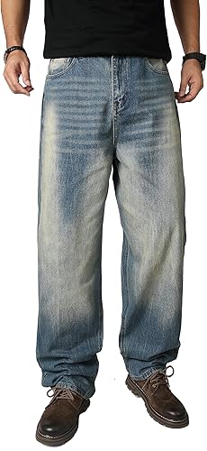 OIIIO Men's Wide Leg Baggy Casual Jean (36, 9107 Vintage Blue)