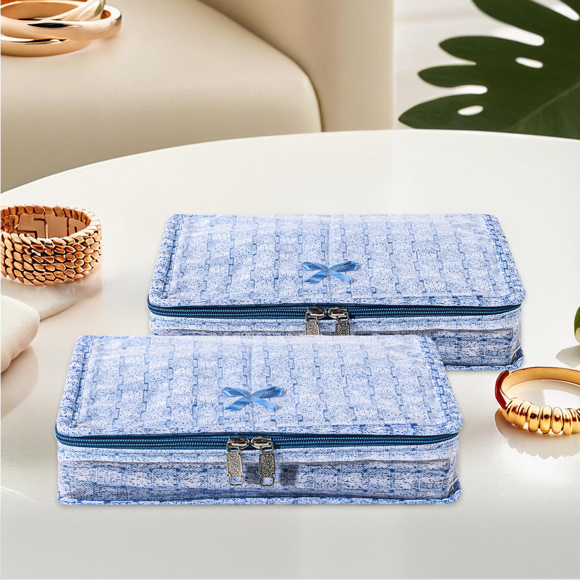 Kuber Industries 2 Pcs PVC Waterproof Makeup Pouch Bag With 4 Compartment & 1 Roll | Jewellery Organisers Pouch for Storage Earrings and Bracelet | Check Laminated - Blue