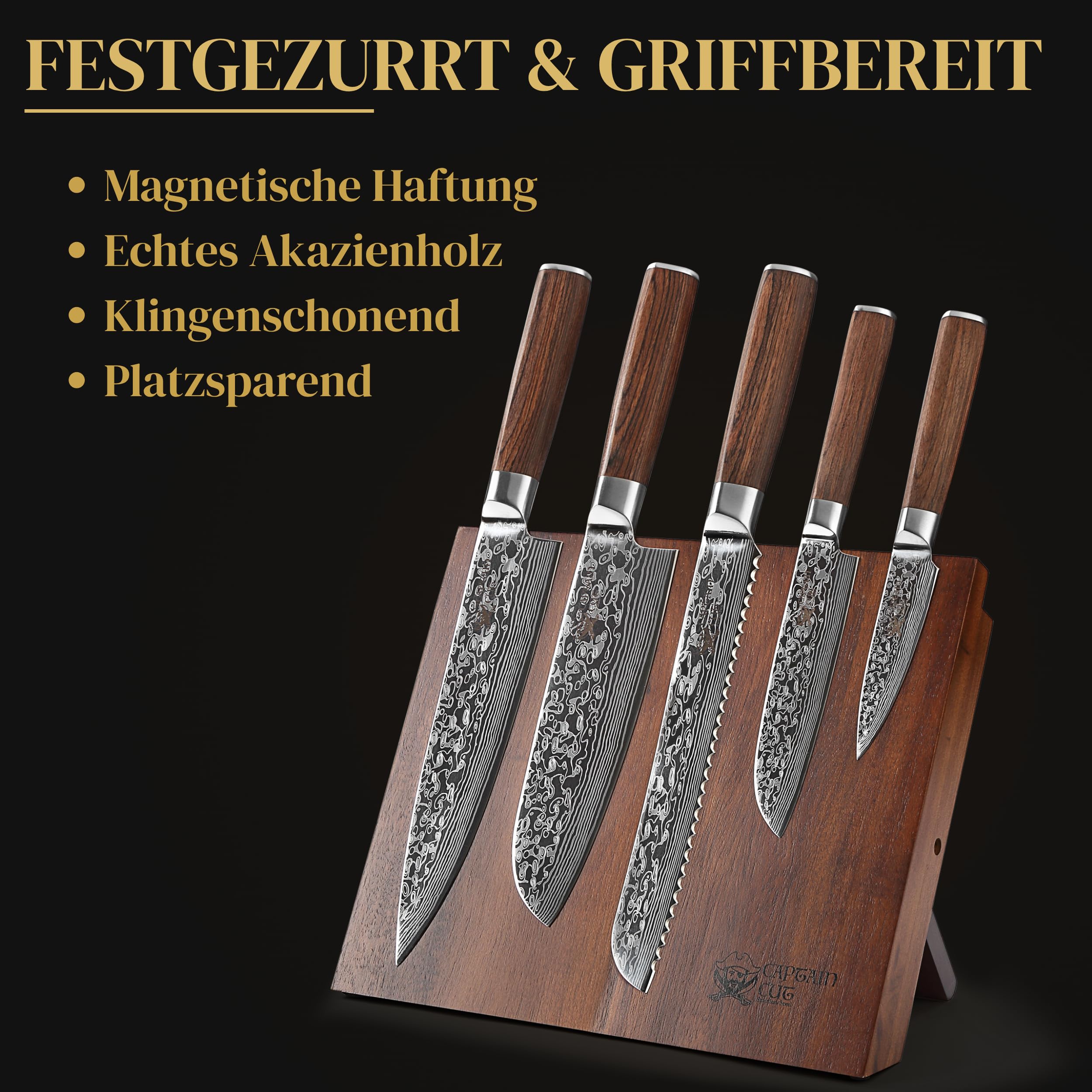 Messerset mit Block – 5-teiliges Küchenmesser Set mit magnetischem Messerblock aus Akazienholz | scharfe Edelstahl-Messer in Damast-Optik, Pakkaholzgriff | Kochmesser, Santoku & Brotmesser