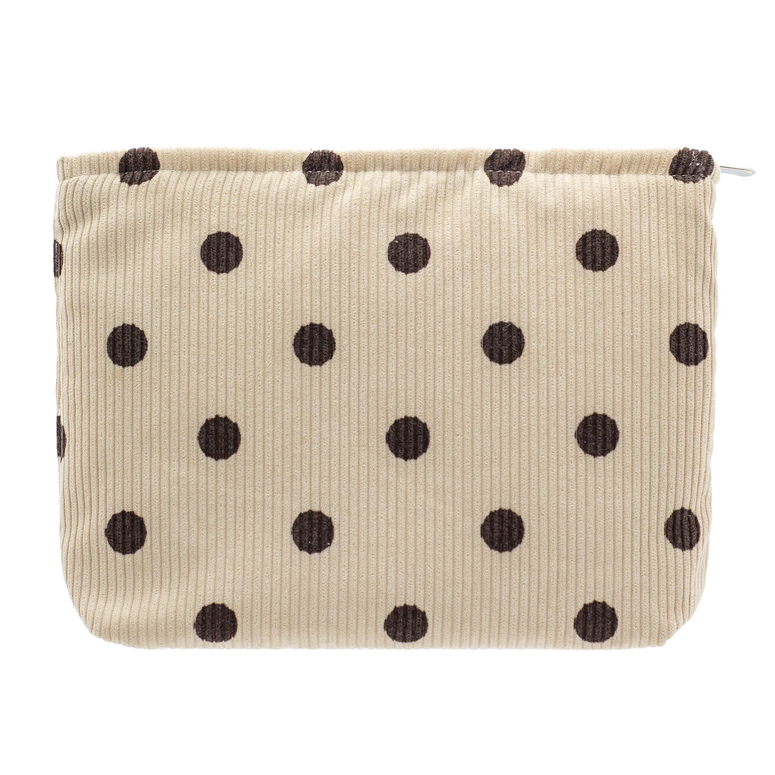 PAZIMIIK Makeup Bag Large Zipper Corduroy Make Up Pouch for Purse Travel Canvas Cosmetic Organizer for Women Brush Storage,Polka Dot Beige