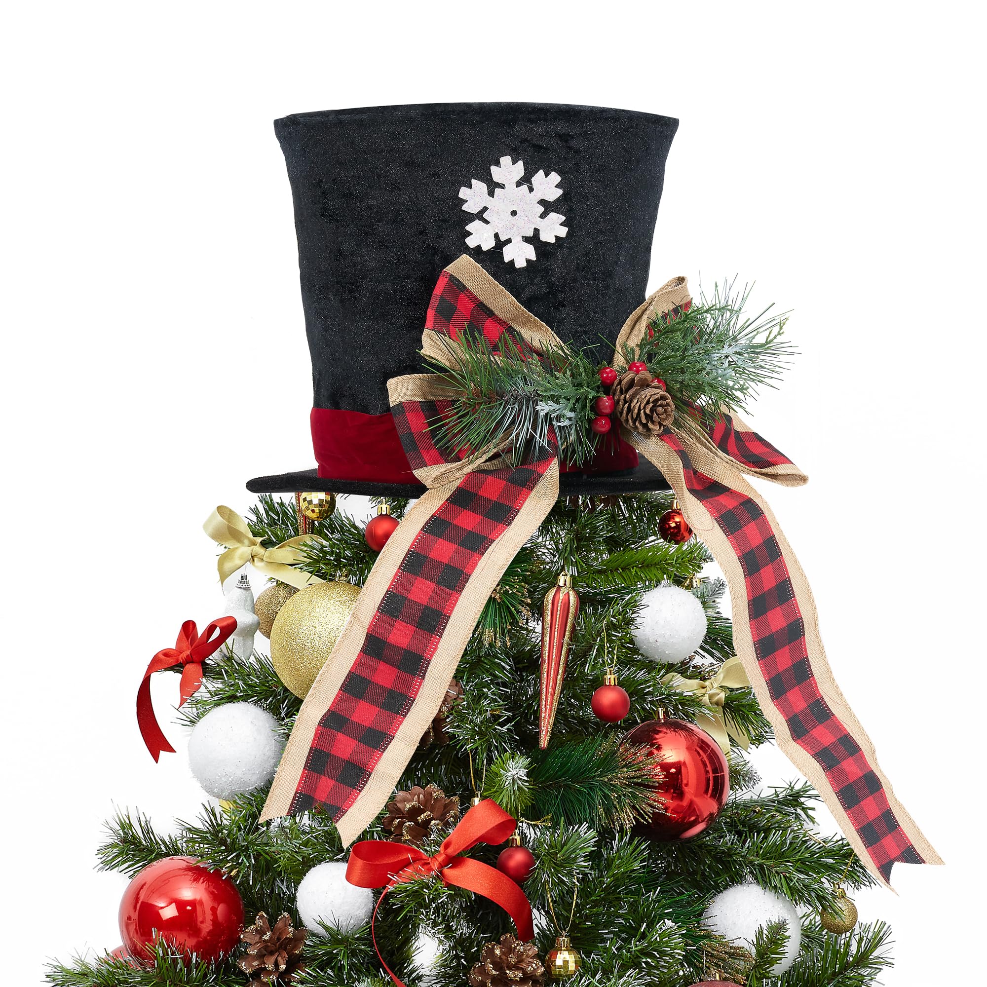 GENMOUS Christmas Hat Tree Topper, Buffalo Plaid Snowflake Christmas Tree Topper Bows with Light, Xmas Tree Top Ornament Home Decorations Ideal Gifts