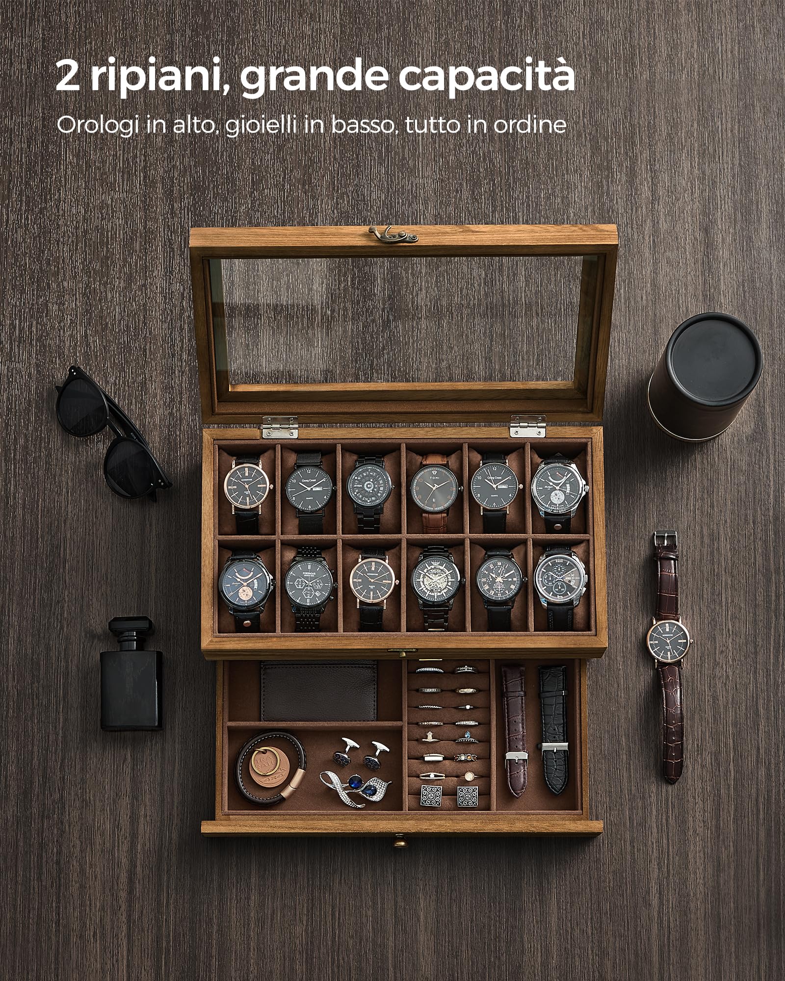 SONGMICS Porta Orologi a 12 Scomparti, Scatola Portaorologi a 2 Livelli, Coperchio in Vetro, con Cuscinetti, Fodera in Velluto, Idea Regalo, Noce Rustico JOW012K01