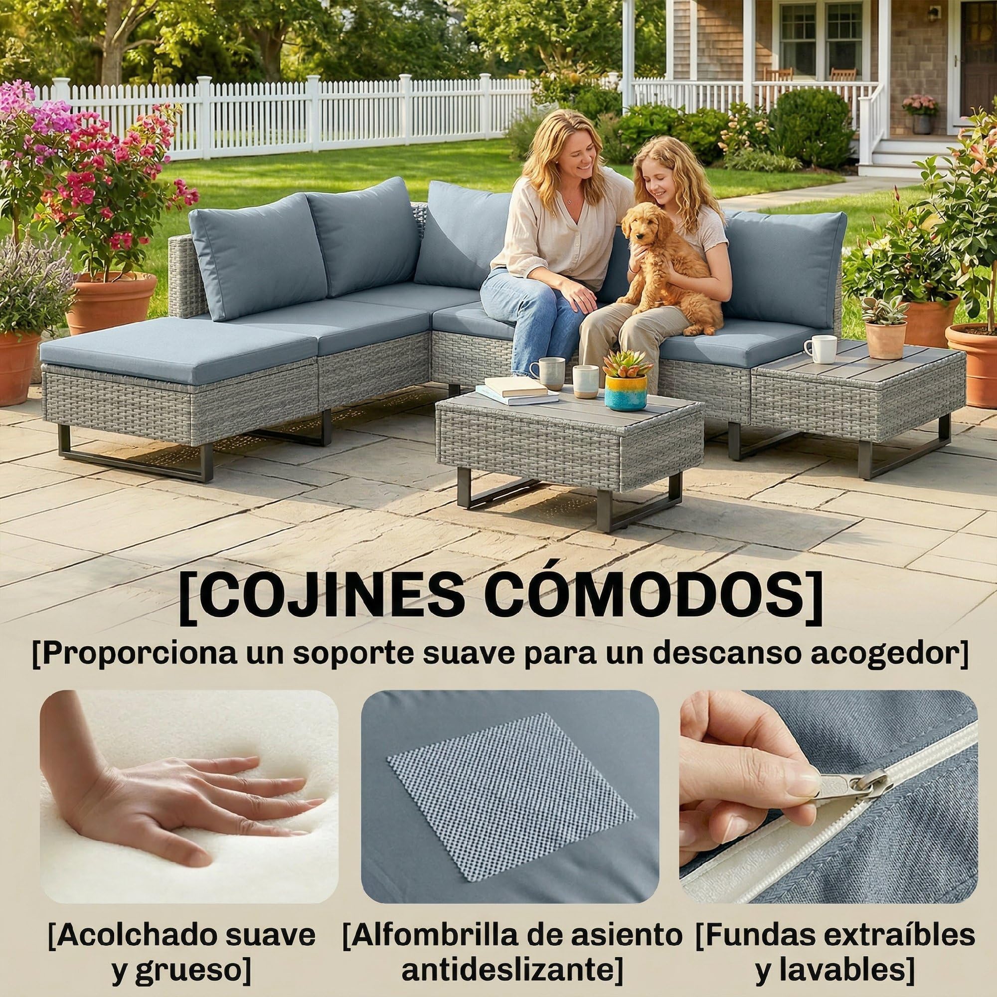 Outsunny Conjunto de Jardín de Ratán de 3 Piezas Respaldo Ajustable Gris | de Terraza, Conjunto Jardín Exterior, Incluye Cojines, Sofá de 3 Plazas, Sofá de 2 Plazas, Mesa de Madera Plástico