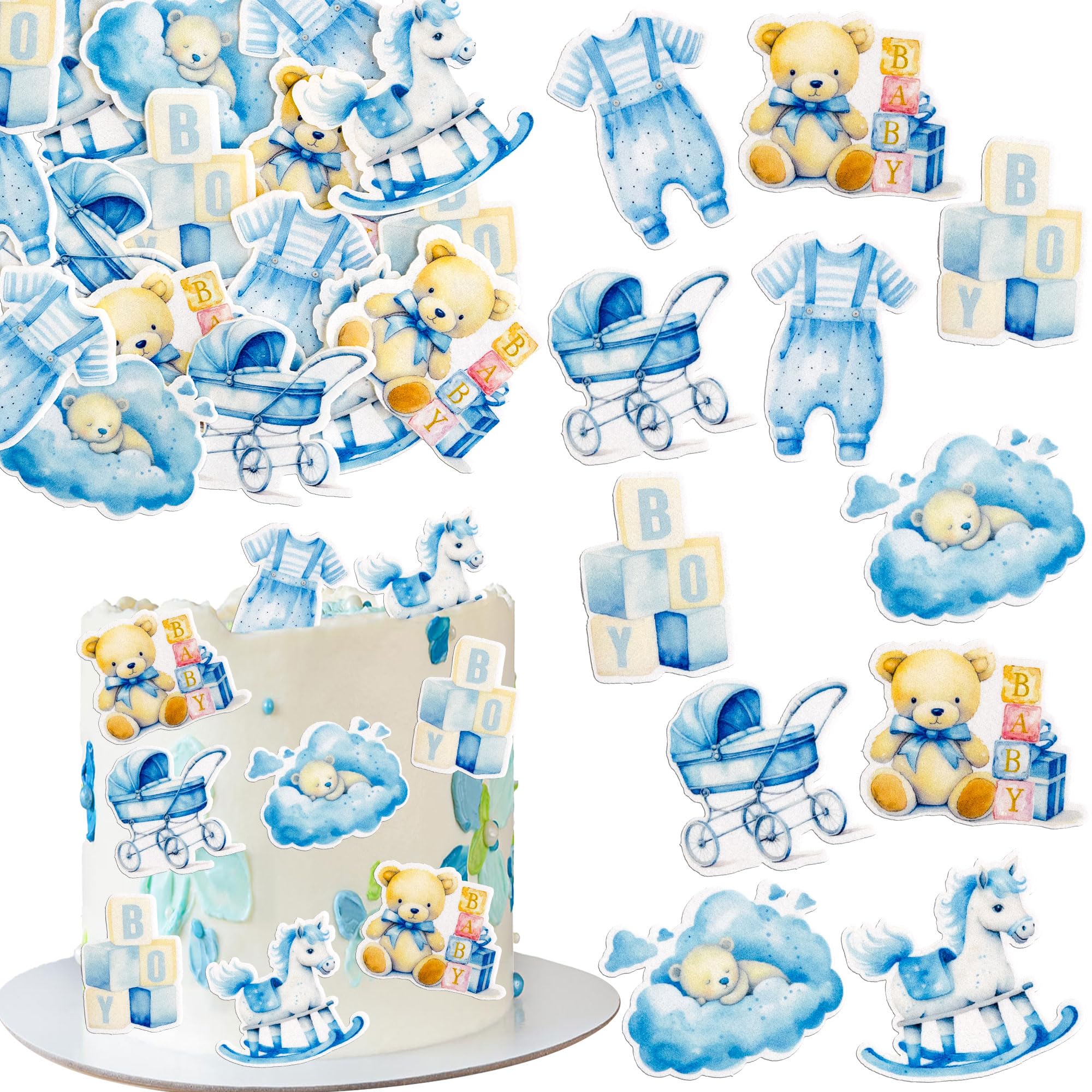 Ephlyn 48Pcs Edible Oh Baby Cupcake Toppers Pacifier Cloud Moon Star Baby Boy Cupcake Picks Wafer Paper It's a Boy Cake Decorations for Baby Shower Boys Birthday Party Supplies Blue