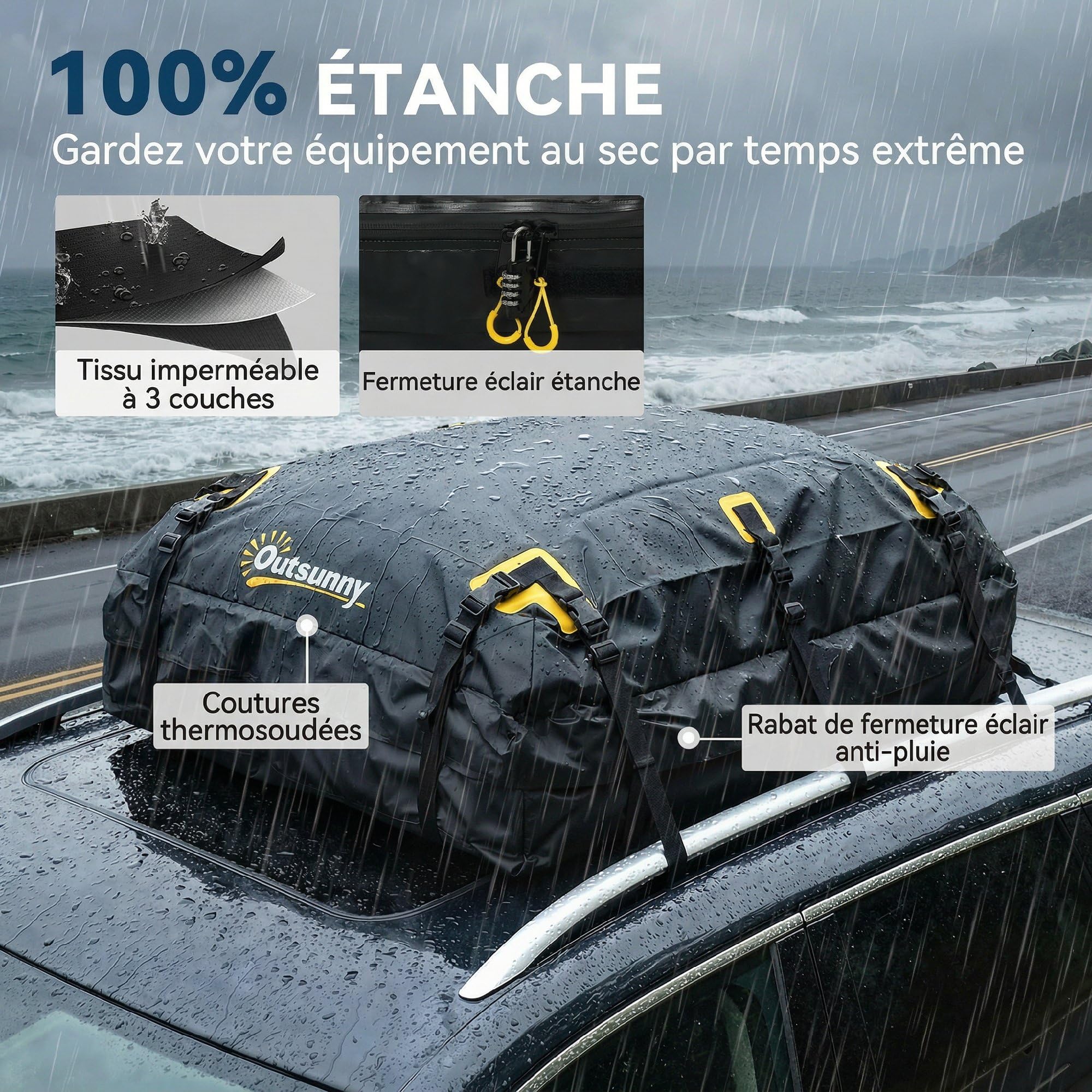 Outsunny Sac de Toit Voiture Étanche 21 Pieds Cubes Coffre de Toit Souple Universel - Grand Sac de Voyage avec 10 Sangles et Cadenas - Porte-Bagages de Toit pour Auto SUV et Camping en Famille, Noir