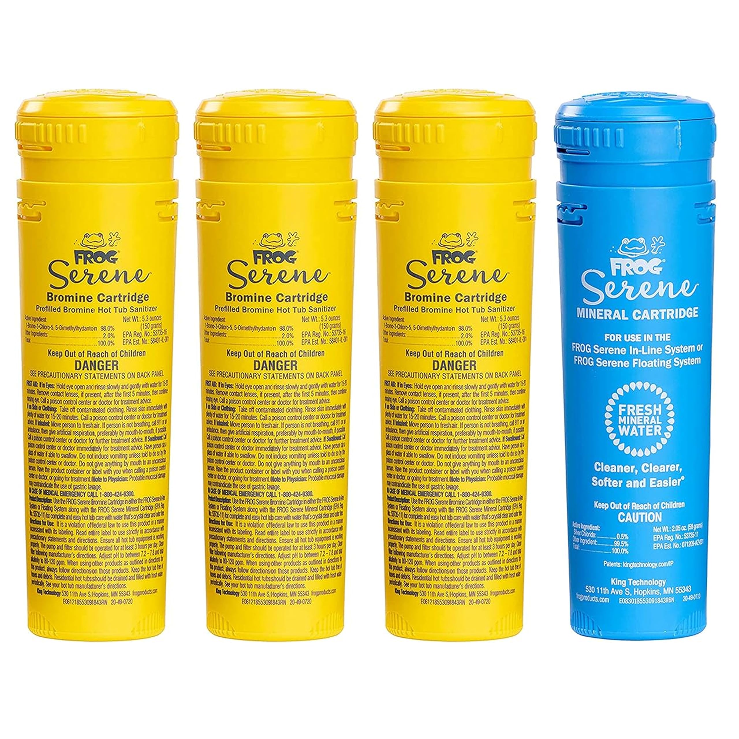 FROG Serene Cartridge Kit for Hot Tubs for use only with FROG Serene Floating Sanitizing Systems for Spas up to 600 gallons, Includes FROG Serene Mineral Cartridge and 3 FROG Serene Bromine Cartridges