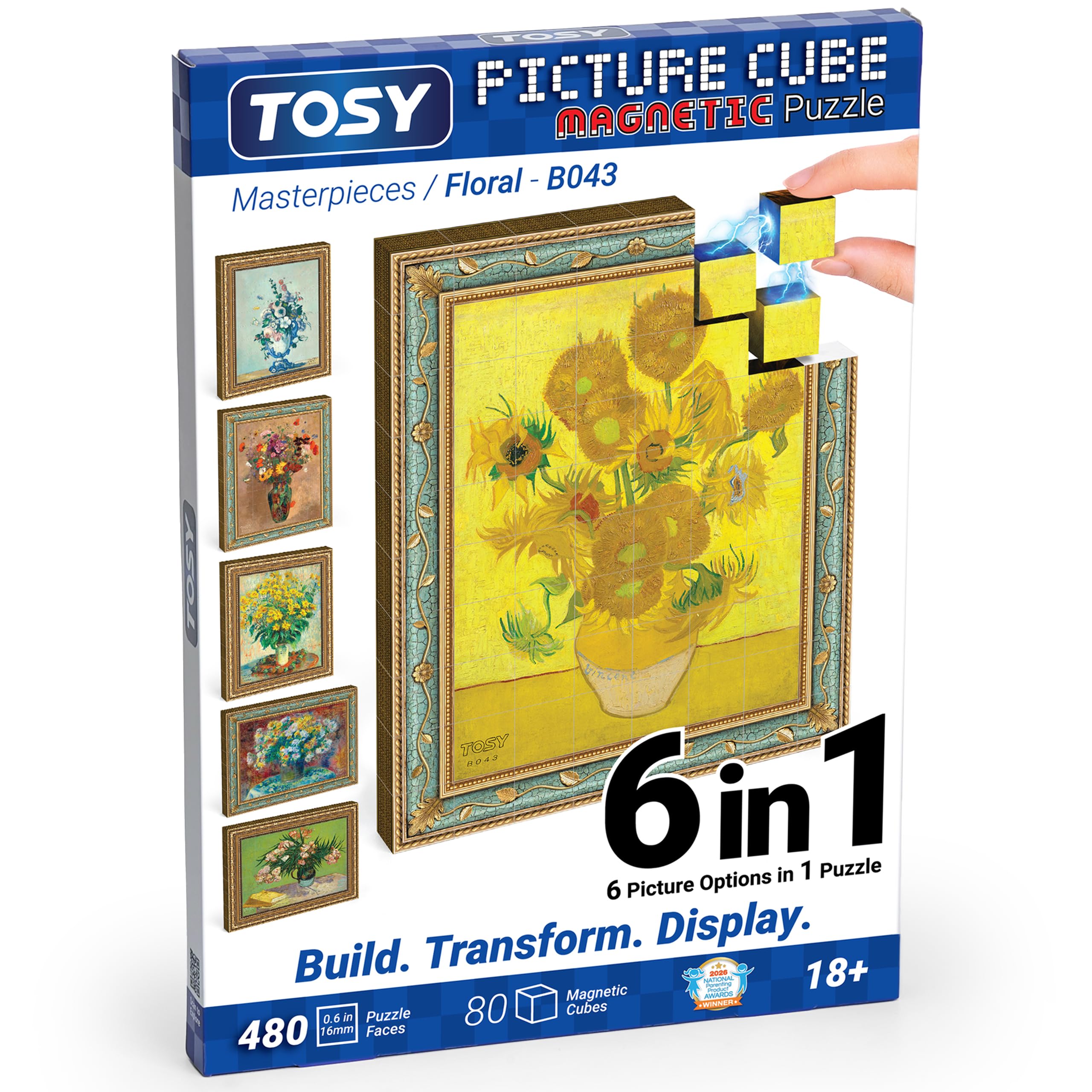 TOSY Picture Cube Floral Masterpieces: 6-in-1 Magnetic Picture Puzzle, 80 Blocks, 488 Faces/Magnets, 0.6in, B043, Seamless UV Art, Display-Ready Frame, Collectible, STEM/STEAM Gift for Kids & Adults