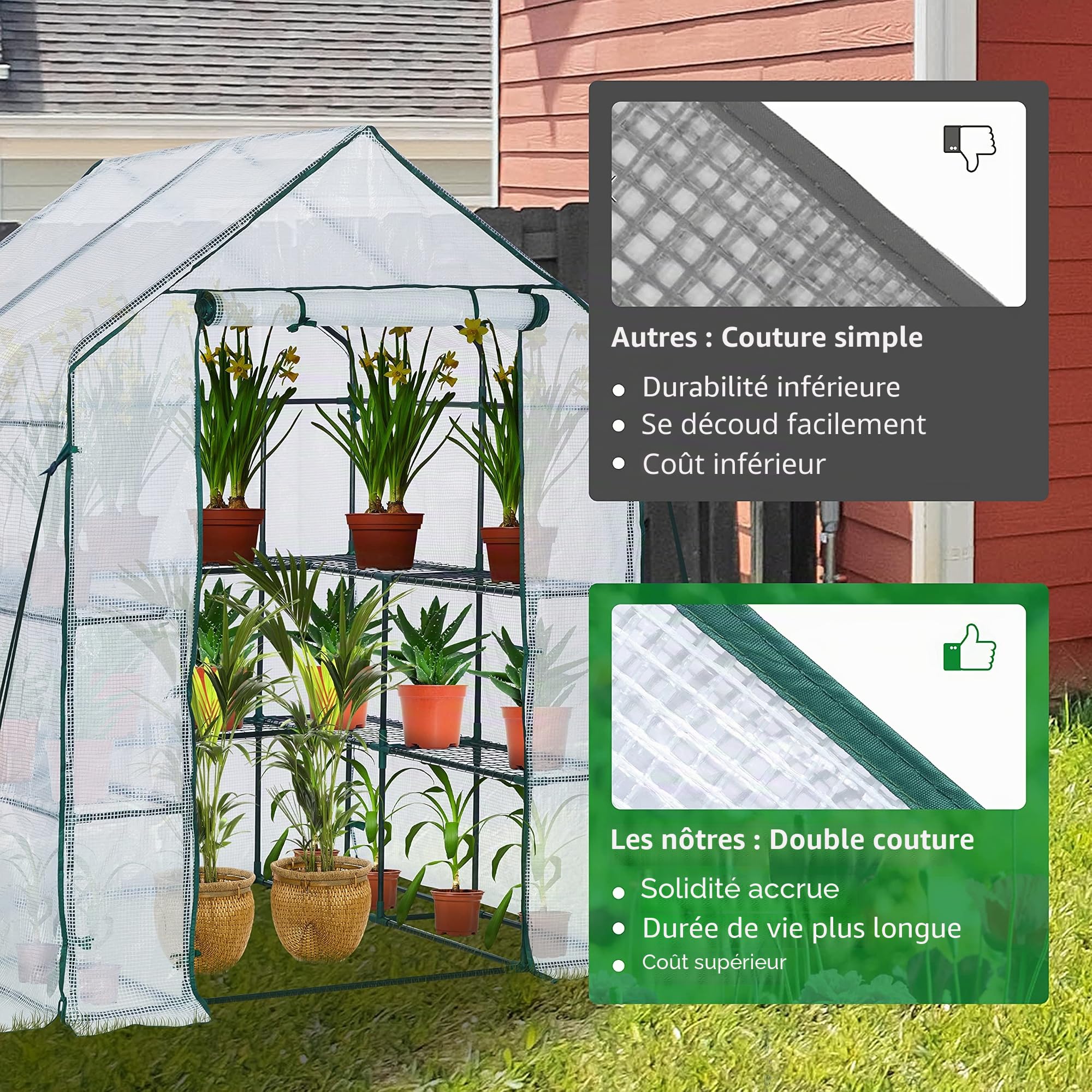EPROSMIN Serre à l'italienne avec 10 étagères, housse en plastique PE renforcé avec cadre en acier robuste, serre/pépinière pour jardin, terrasse ou espace, facile à assembler, 143 x 143 x 195 cm