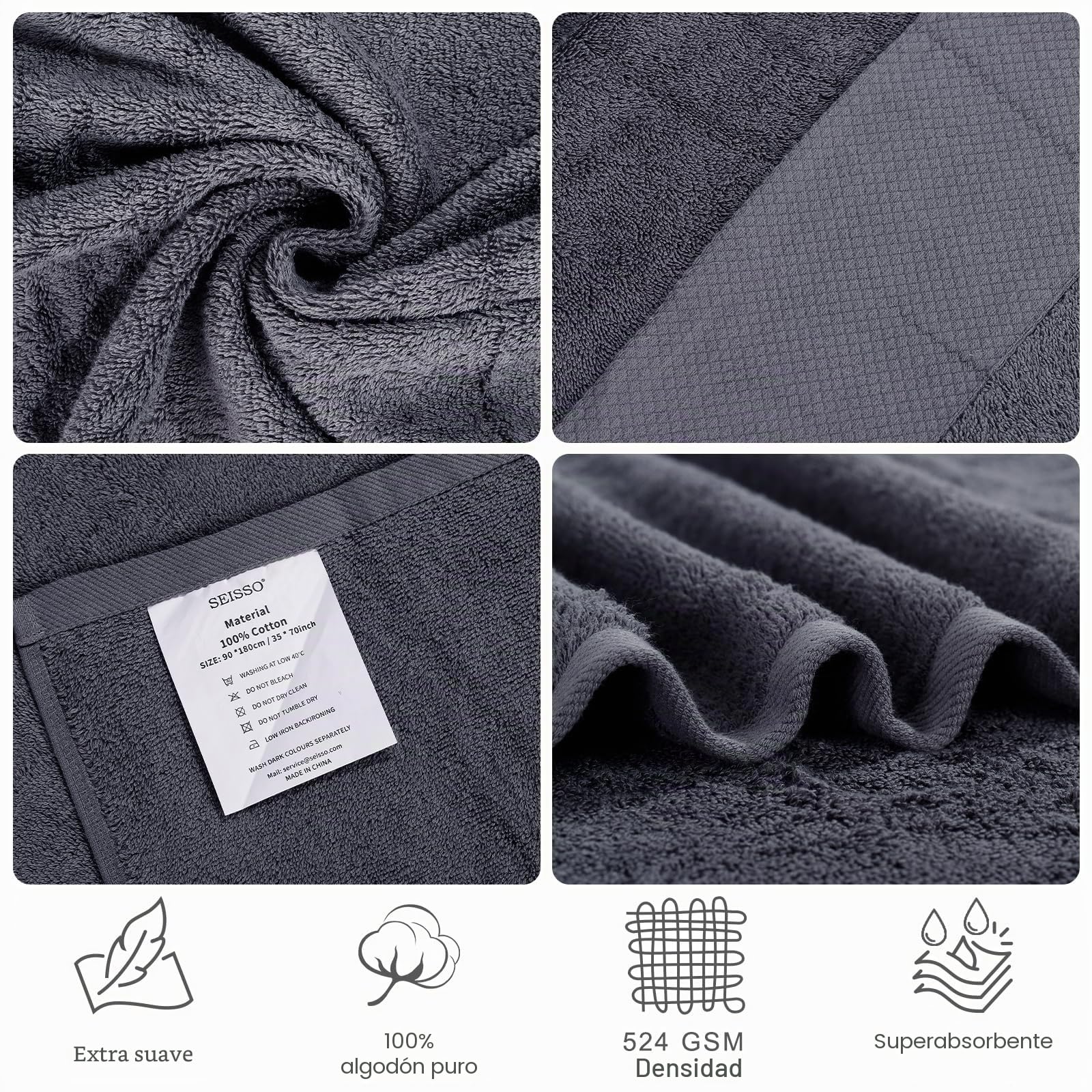 SEISSO Toalla de Baño(90x180 cm), Toallas Extra Grandes Altamente Absorbentes, 100% Algodón, Extra Suaves, Absorbentes y Resistentes Blanco