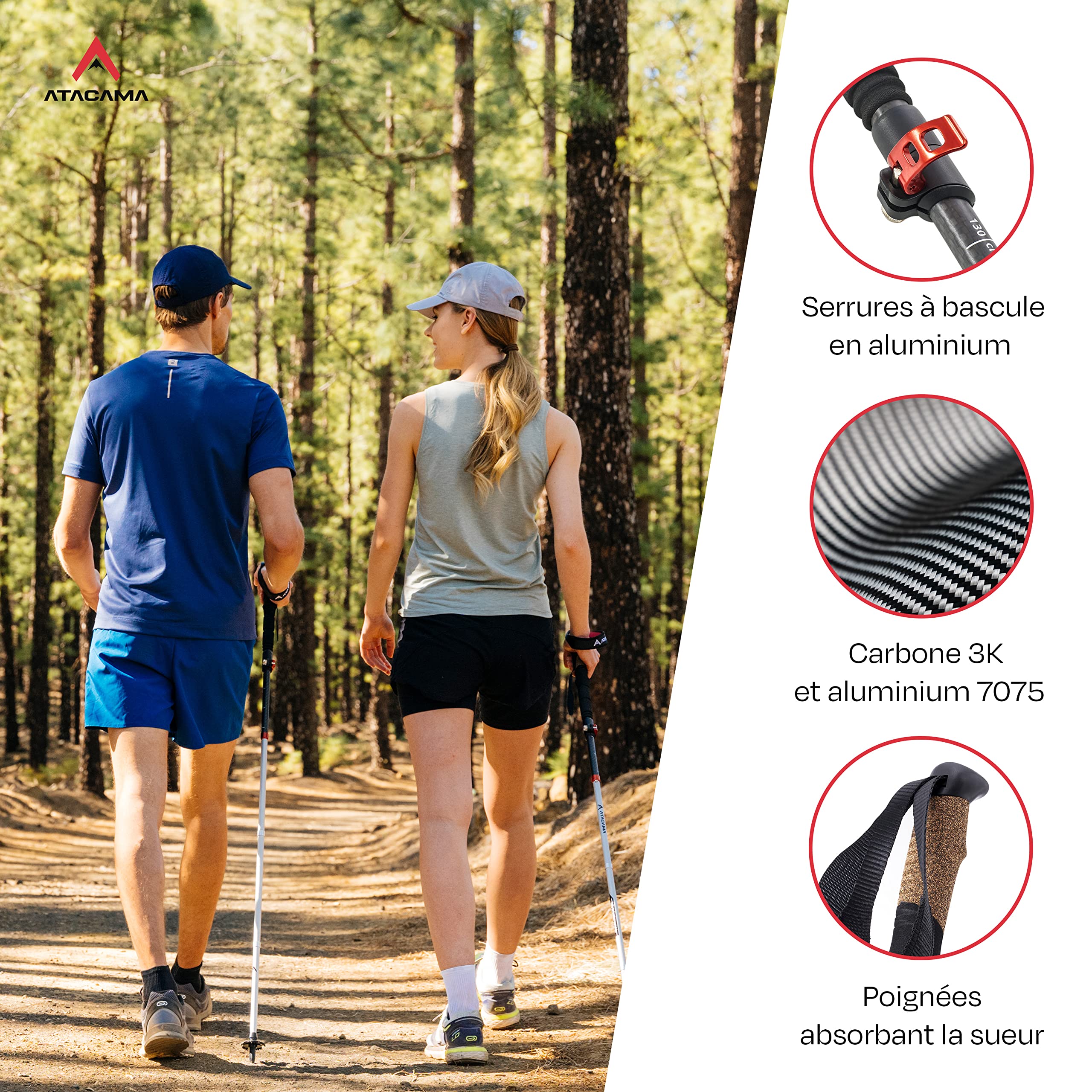 ATACAMA Bâtons de Randonnée Nordique – ultralégers, Pliables & télescopiques – Fibre de Carbone, poignées en liège – bâtons de Marche pour Homme & Femme (63–135 cm)