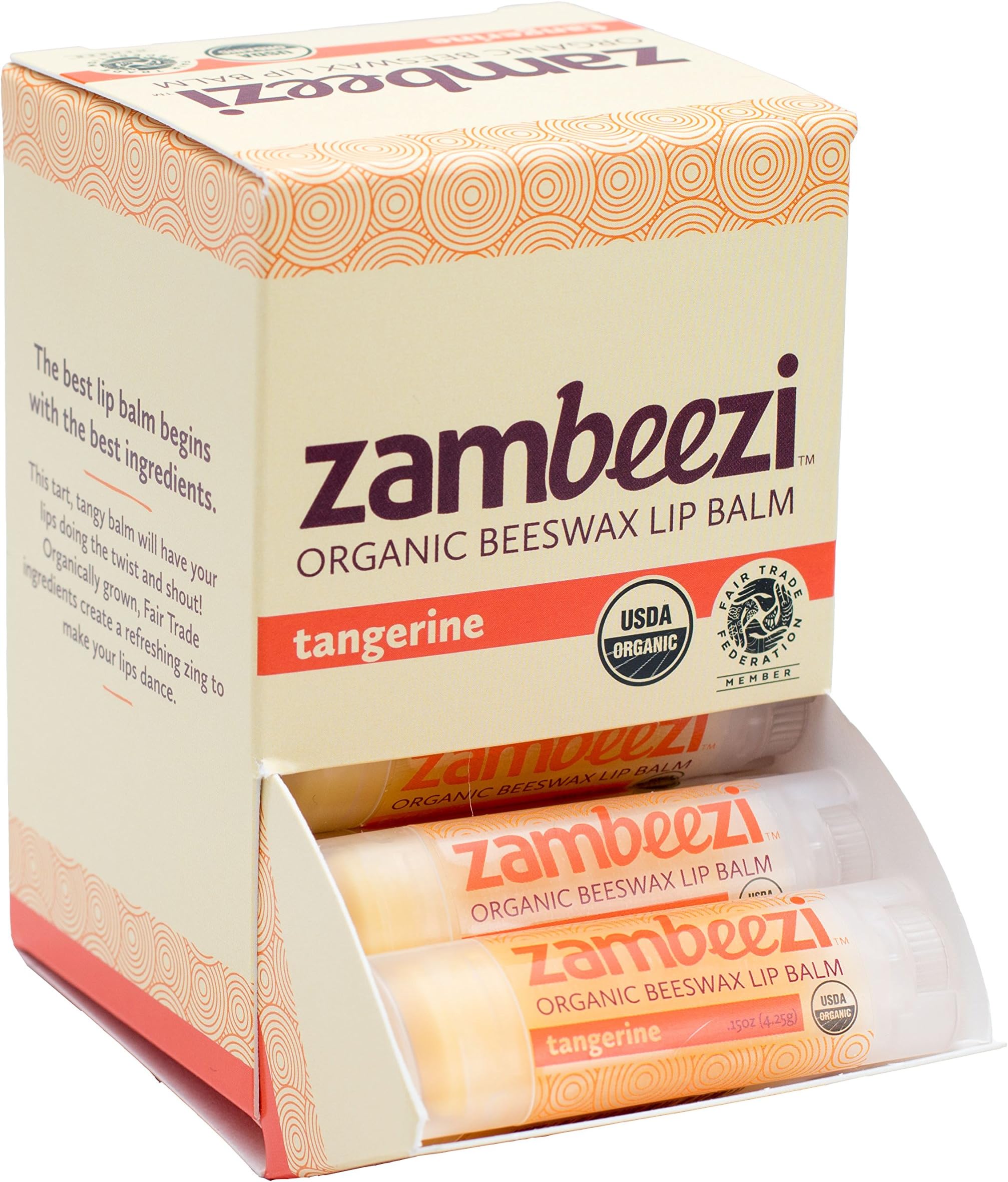Case of Beeswax Lip Balm by ZAMBEEZI - Tangerine 24-Tube Carton - Crafted with USDA Organic, Fair Trade, Lip Refreshing Ingredients from Zambia, Africa