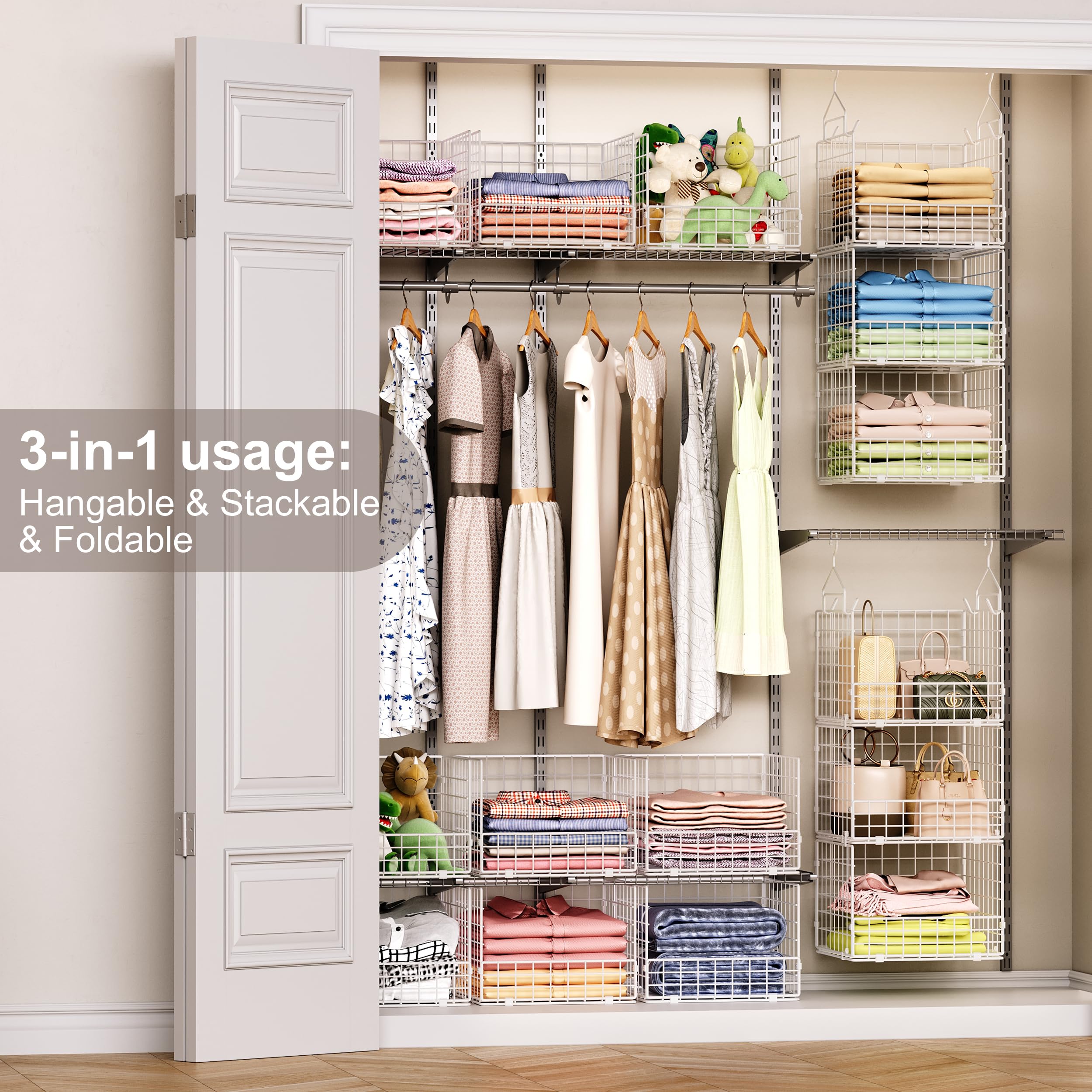 Organiseur de placard suspendu à 3 niveaux avec 5 crochets en S, étagères de placard pour vêtements, chaussures, sacs à main, accessoires, panier suspendu, système de placard, organiseurs de placard
