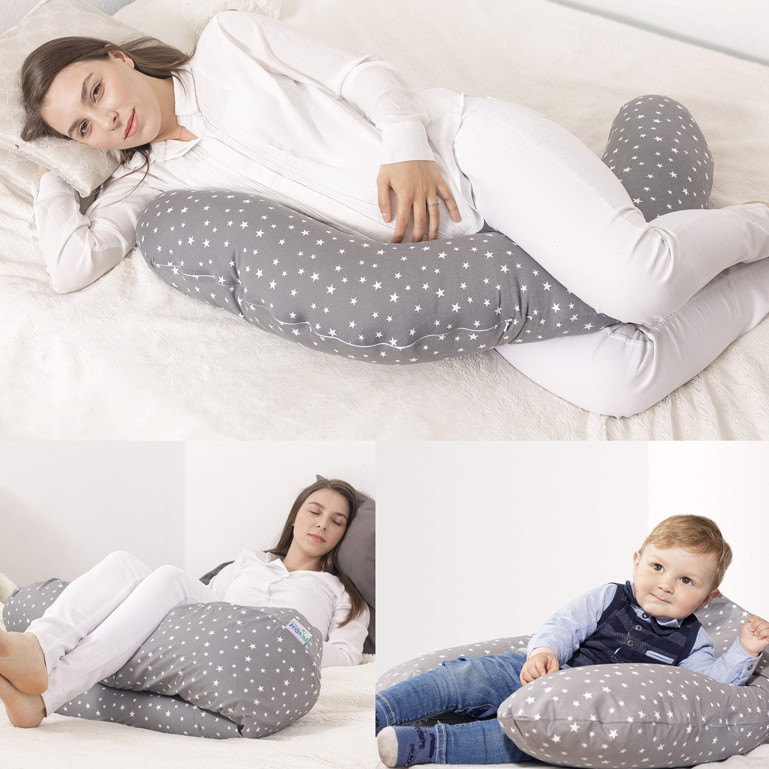 Pic Bear - Cojín de lactancia premium | 100% algodón de jersey suave | relleno de microperlas EPS especialmente suave | Cojín de almacenamiento con certificado TÜV (gris IS gris, 190 x 42 cm)