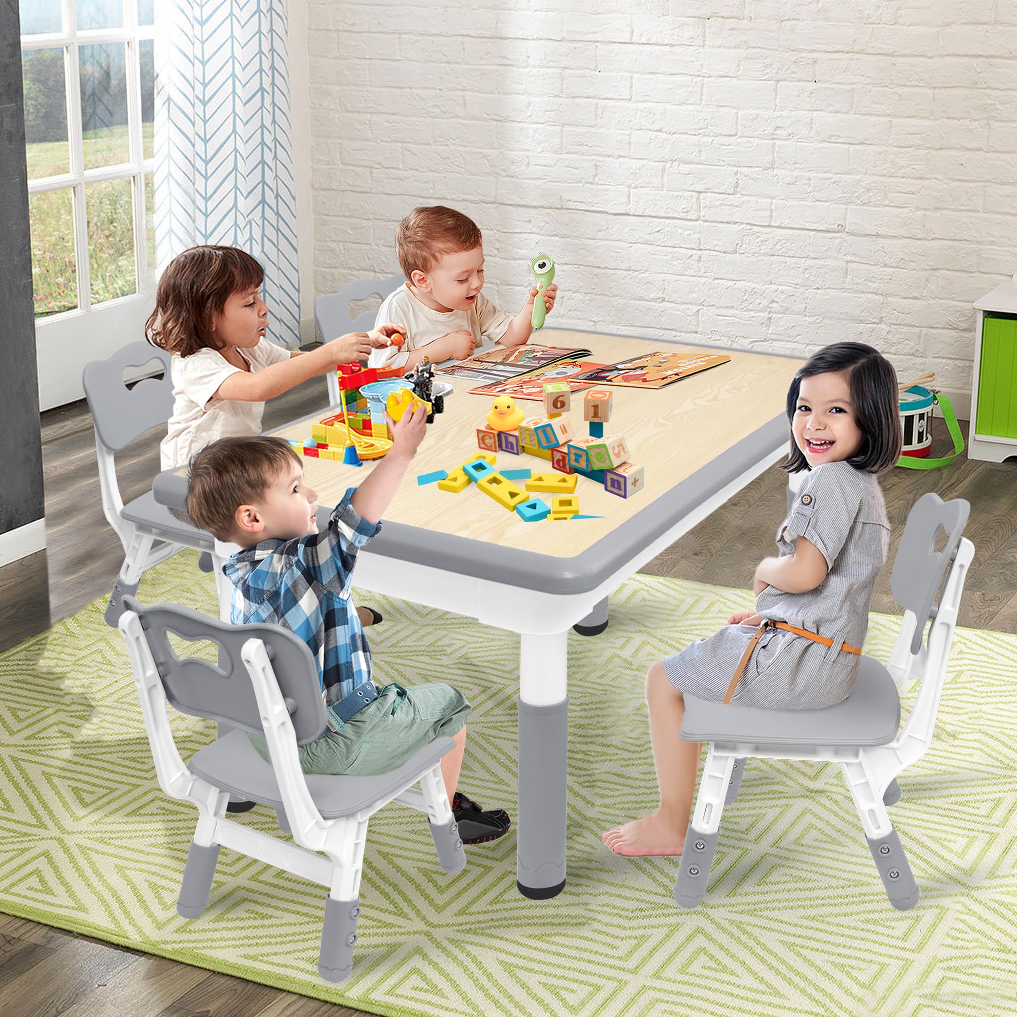 Aufun Tavolo per bambini con set di 4 sedie, dinette regolabile in altezza