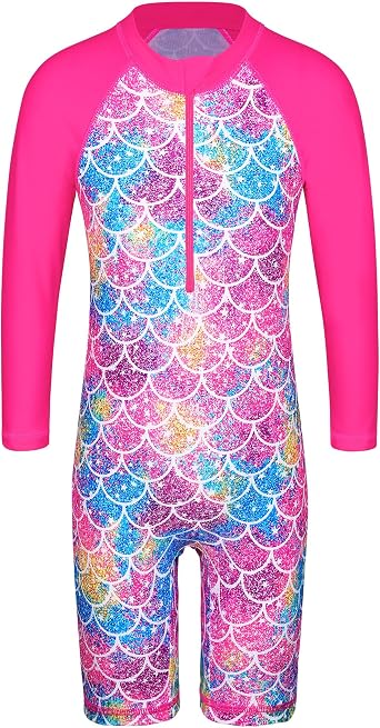 TFJH E Girls UPF 50+ Long Sleeve Rash Guard Zip Swimsuit One Piece 3-14Y