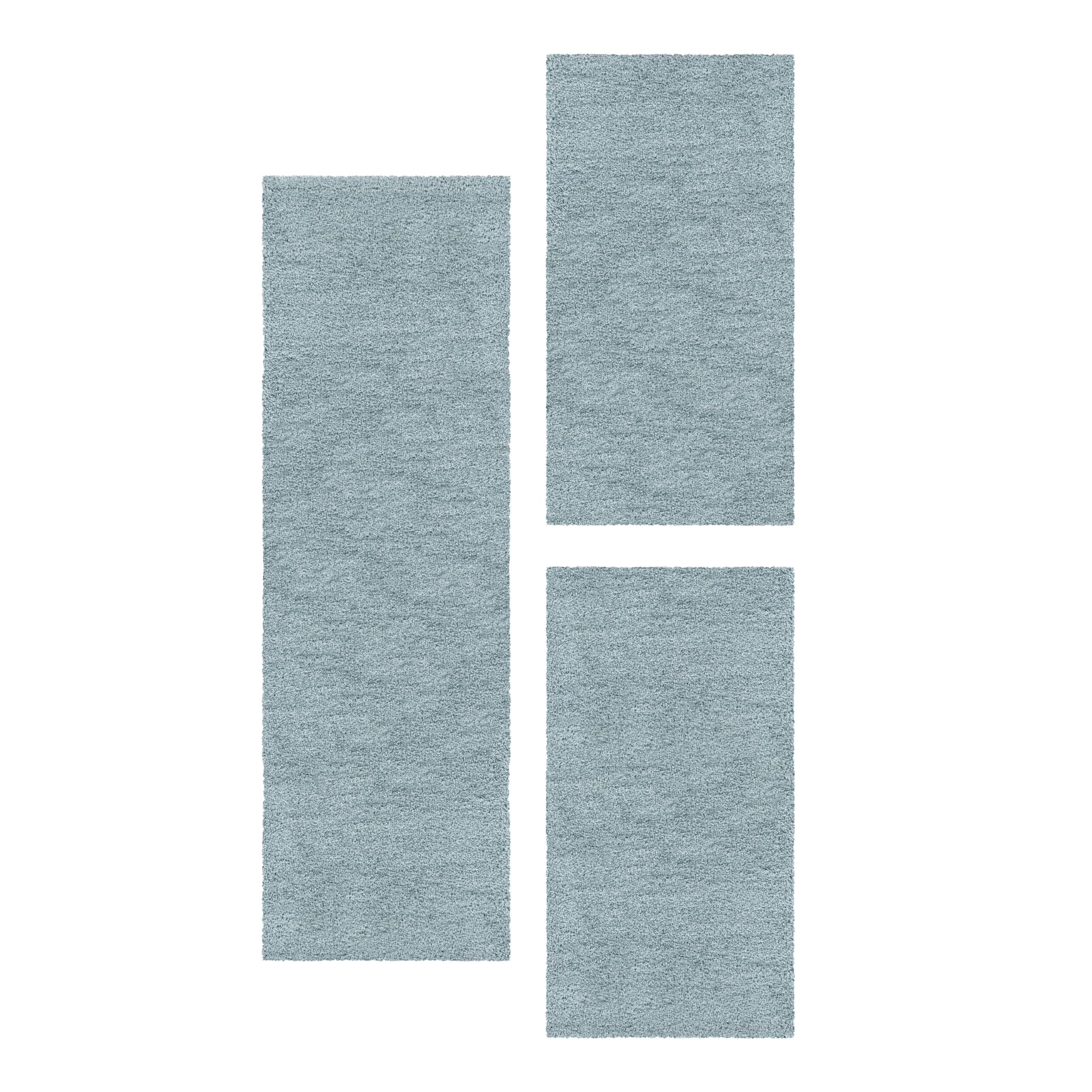 Carpettex Bettumrandung Schlafzimmer 3teilig Shaggy Teppich Hochflor Läuferset Design Blau Bettset:2 mal 60x110 + 1 mal 80x150 - Bettvorleger Schlafzimmer Flauschig Langflor Bettumrandung Teppich Set