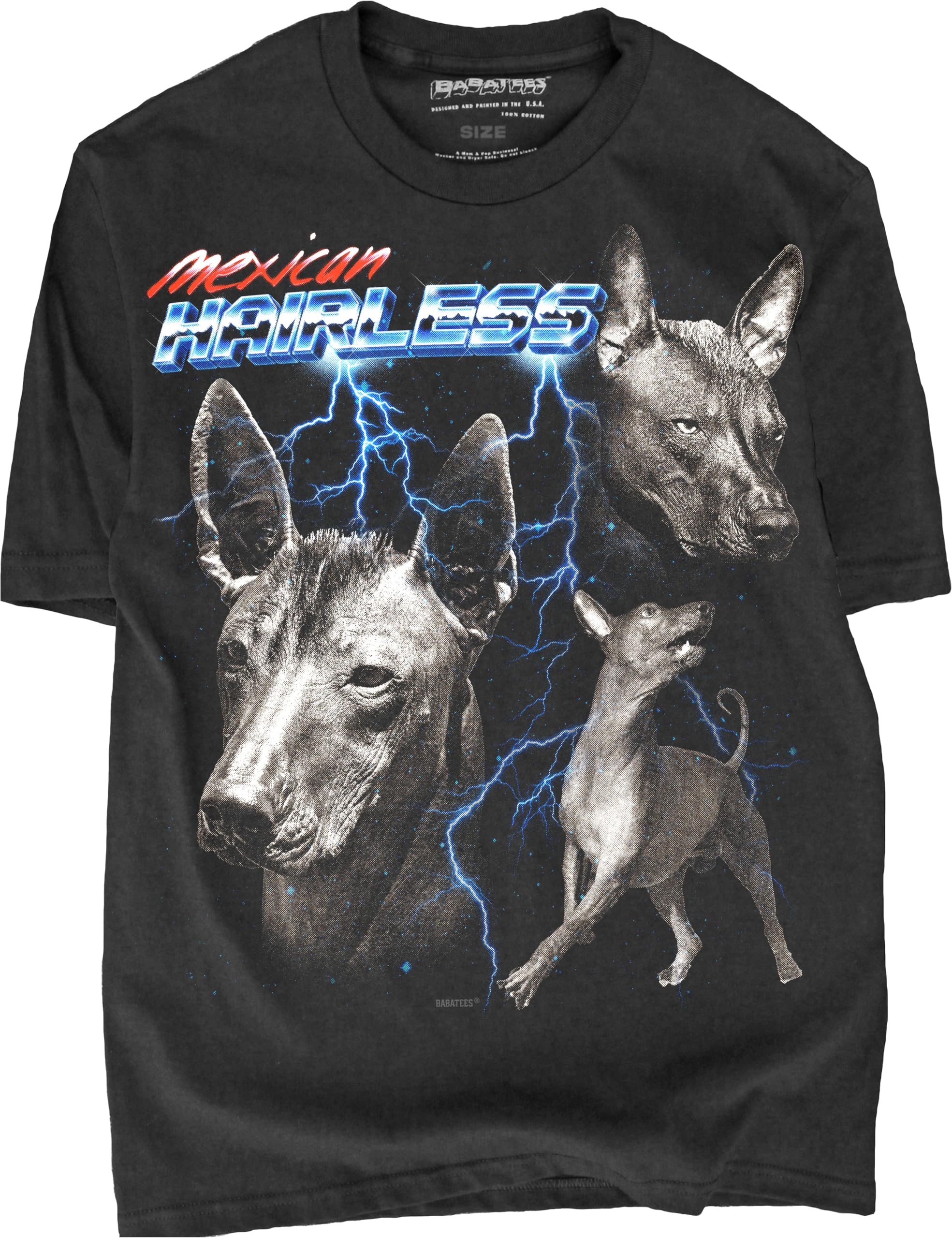 BABATEESXoloitzcuintle Mexican Hairless Dog Lover T-Shirt - 80s 90s Glam Rock Graphic - Men & Women - Epic Heavy Metal Punk Rock Tee