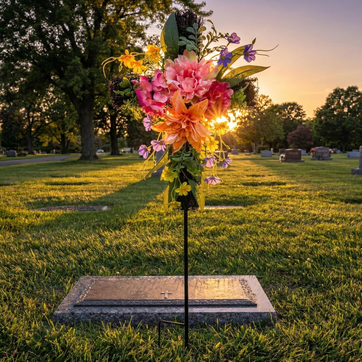 32 Inch Solar Cross Stake Spring Summer Lighted Cemetery Stake with Peonies Dahlias Colorful Wildflowers for Garden Cemetery Memorial Gravesite